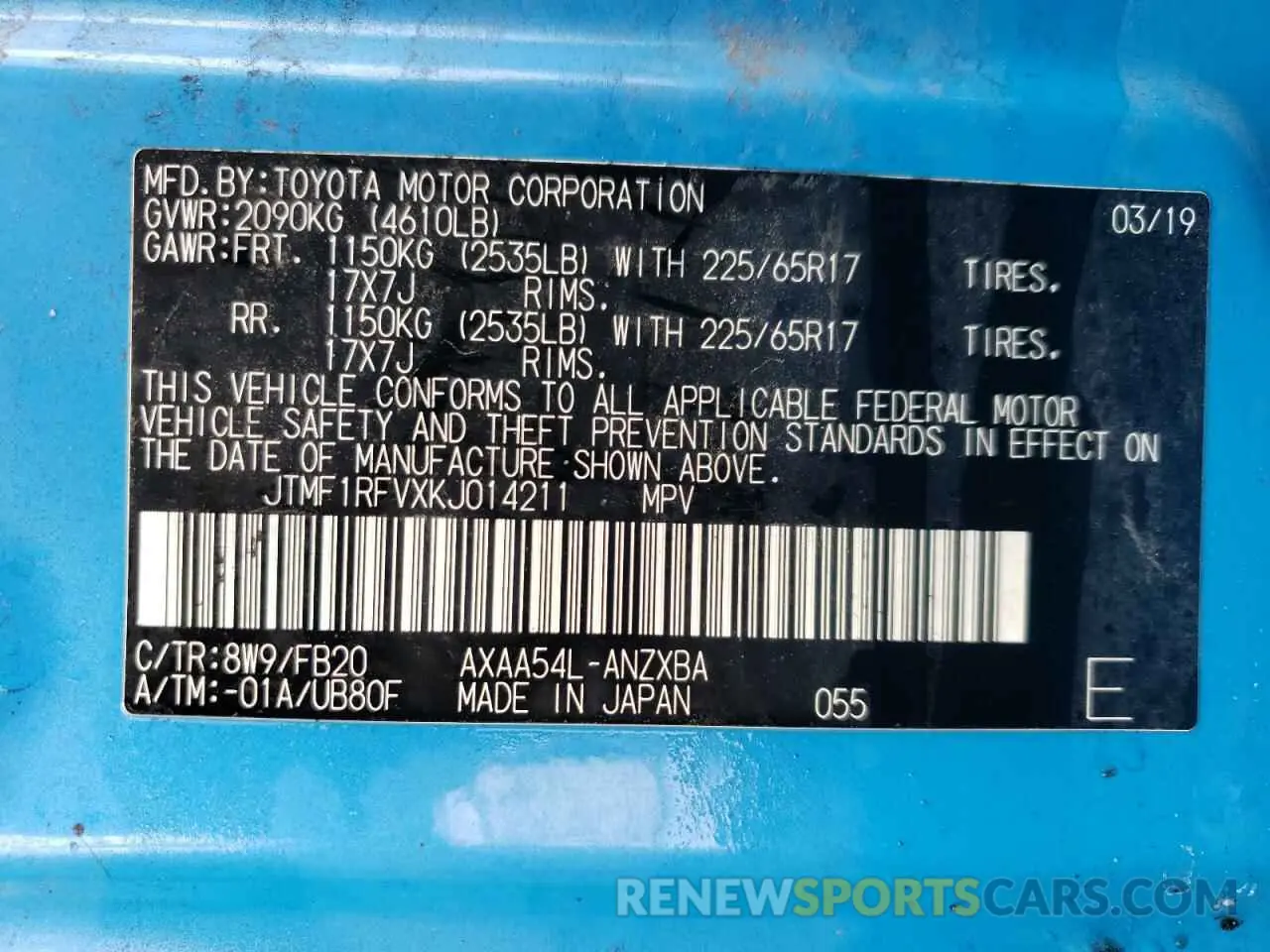 13 Photograph of a damaged car JTMF1RFVXKJ014211 TOYOTA RAV4 2019