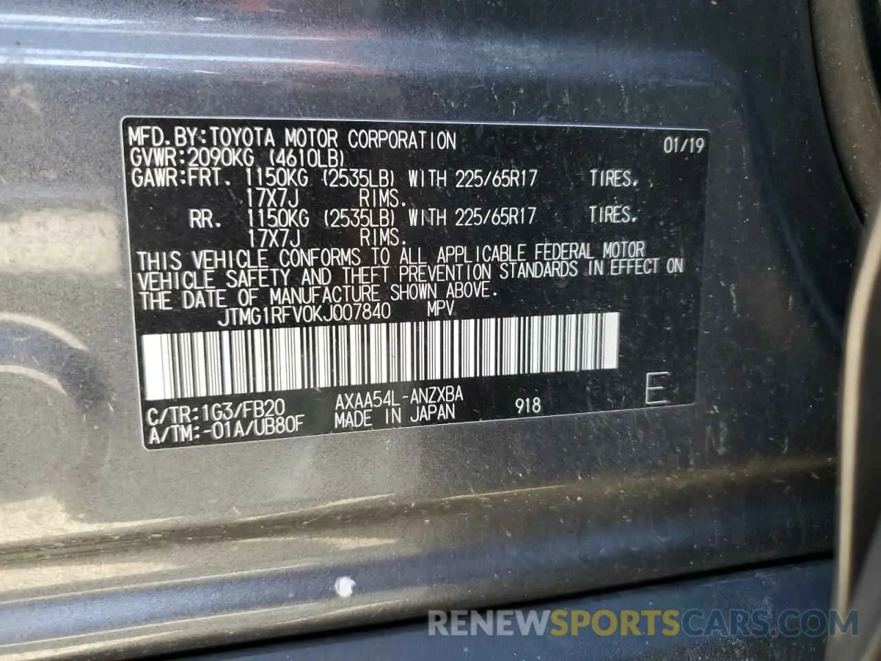 13 Photograph of a damaged car JTMG1RFV0KJ007840 TOYOTA RAV4 2019