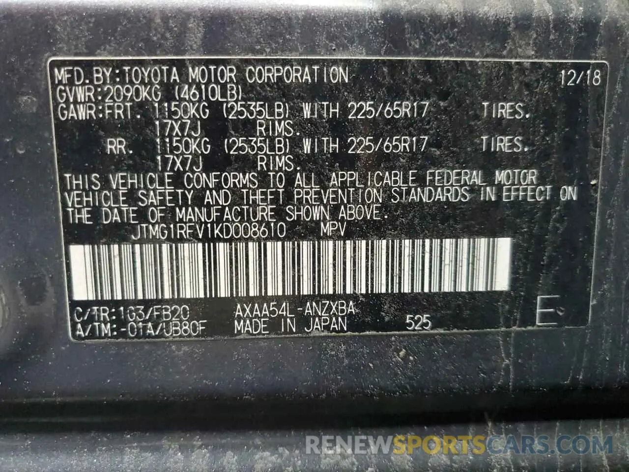 14 Photograph of a damaged car JTMG1RFV1KD008610 TOYOTA RAV4 2019