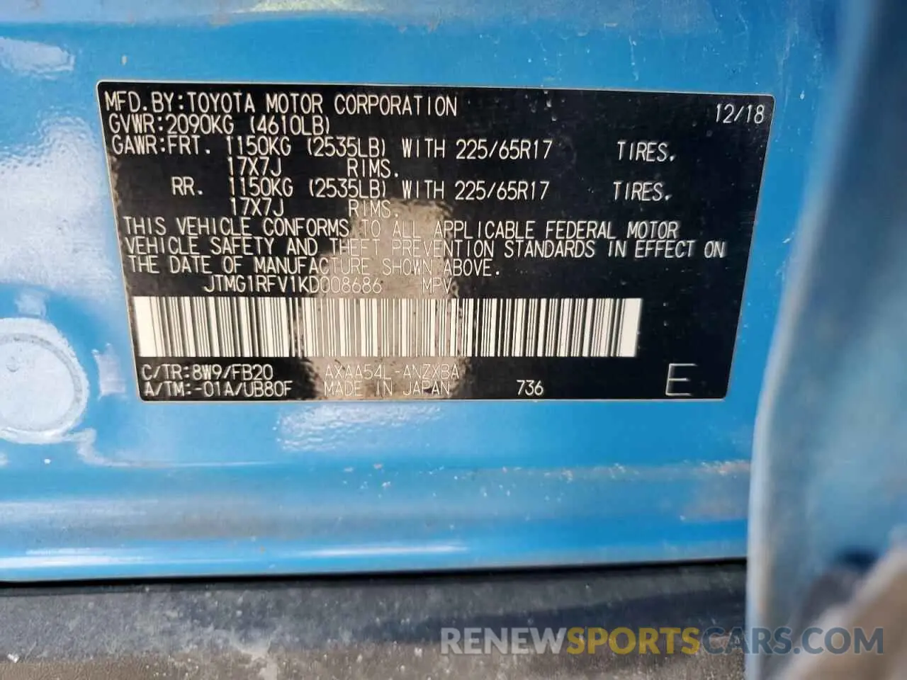15 Photograph of a damaged car JTMG1RFV1KD008686 TOYOTA RAV4 2019