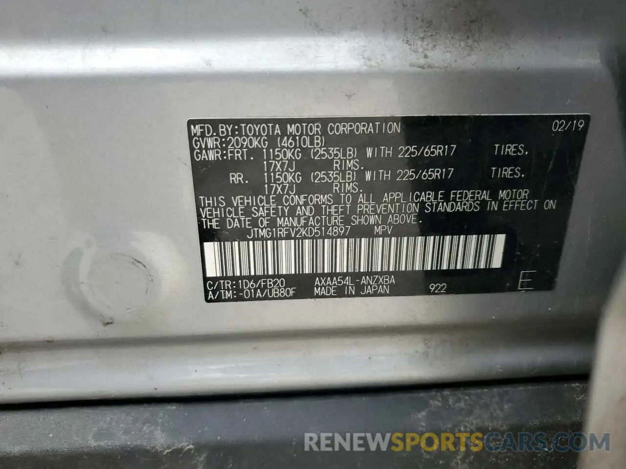 13 Photograph of a damaged car JTMG1RFV2KD514897 TOYOTA RAV4 2019