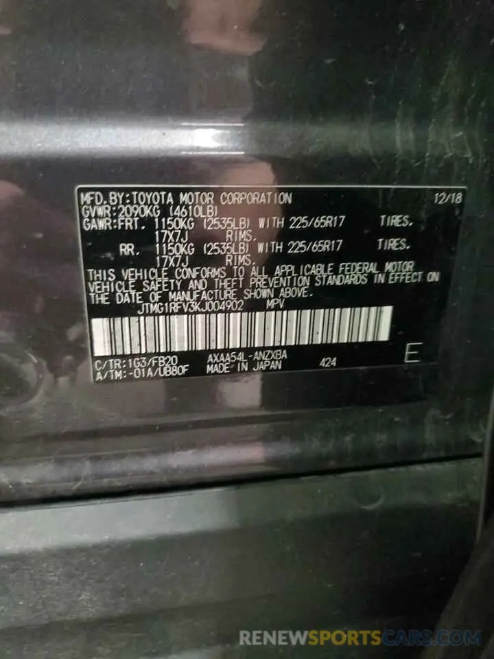 13 Photograph of a damaged car JTMG1RFV3KJ004902 TOYOTA RAV4 2019