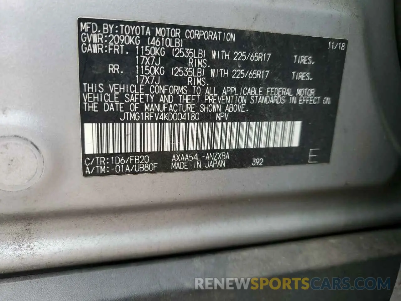 13 Photograph of a damaged car JTMG1RFV4KD004180 TOYOTA RAV4 2019