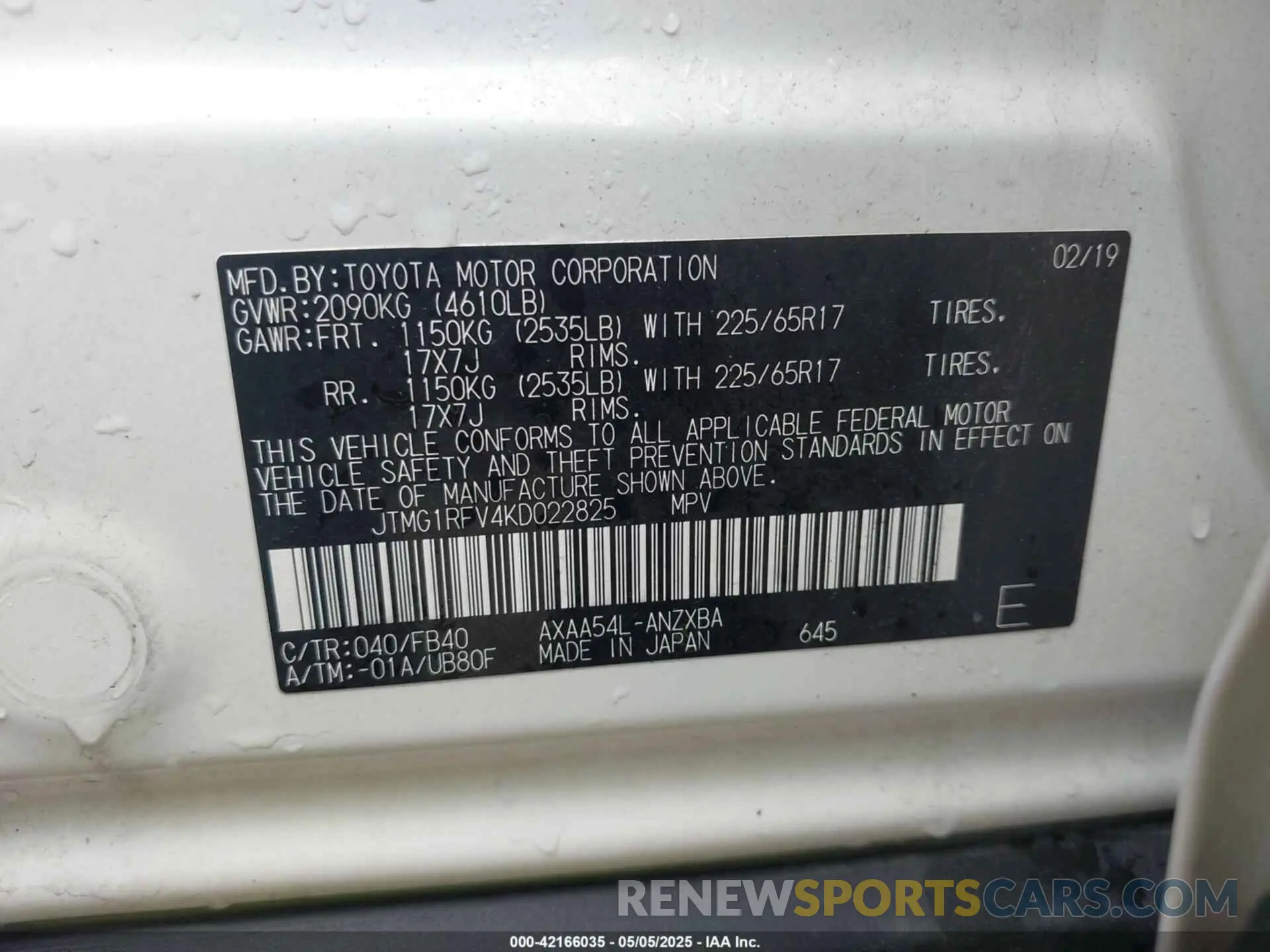 9 Photograph of a damaged car JTMG1RFV4KD022825 TOYOTA RAV4 2019