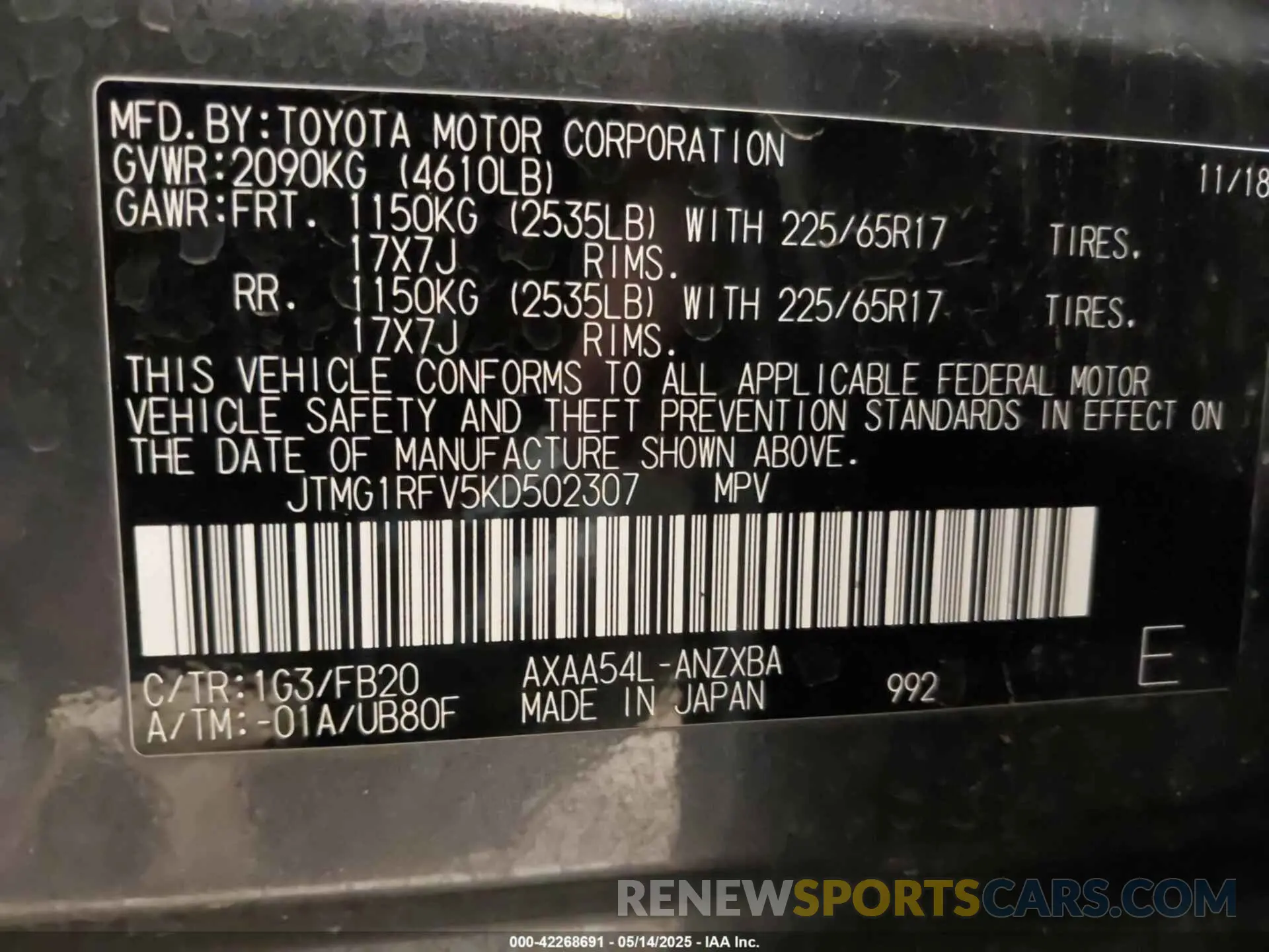 9 Photograph of a damaged car JTMG1RFV5KD502307 TOYOTA RAV4 2019