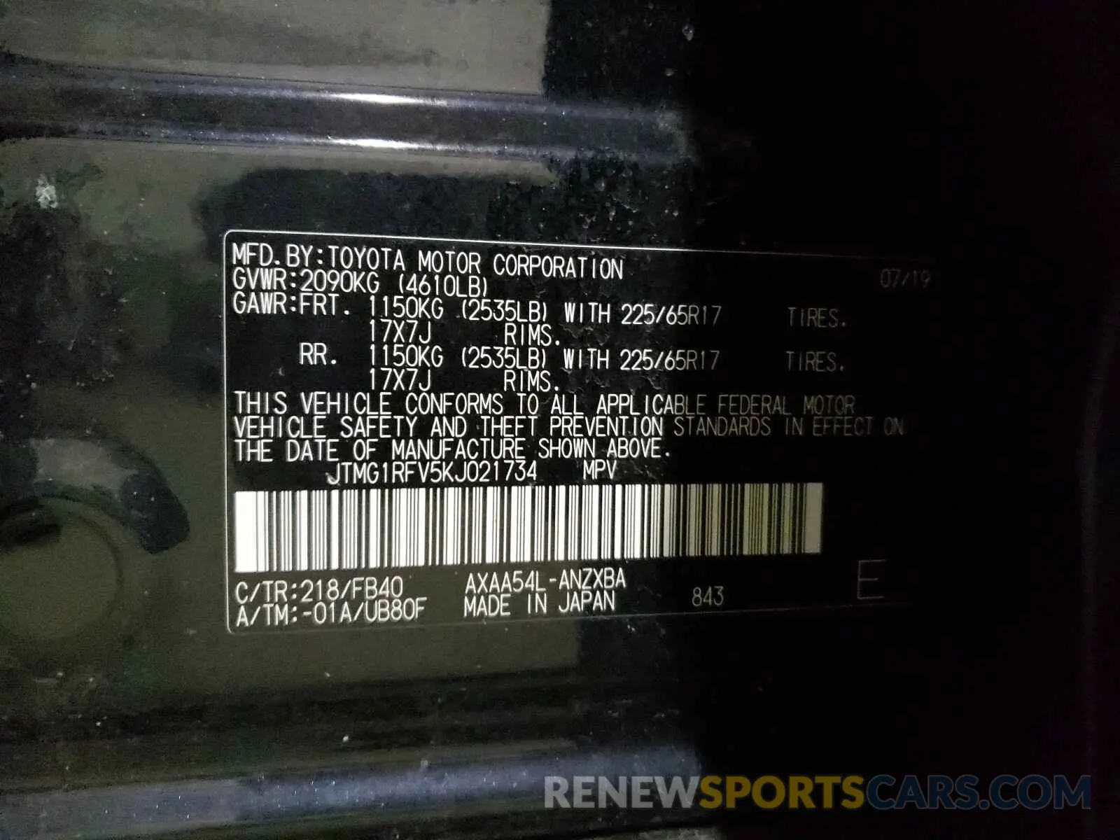 10 Photograph of a damaged car JTMG1RFV5KJ021734 TOYOTA RAV4 2019