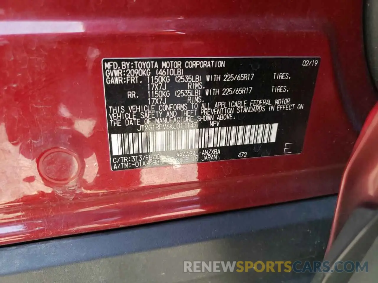 13 Photograph of a damaged car JTMG1RFV6KJ011147 TOYOTA RAV4 2019