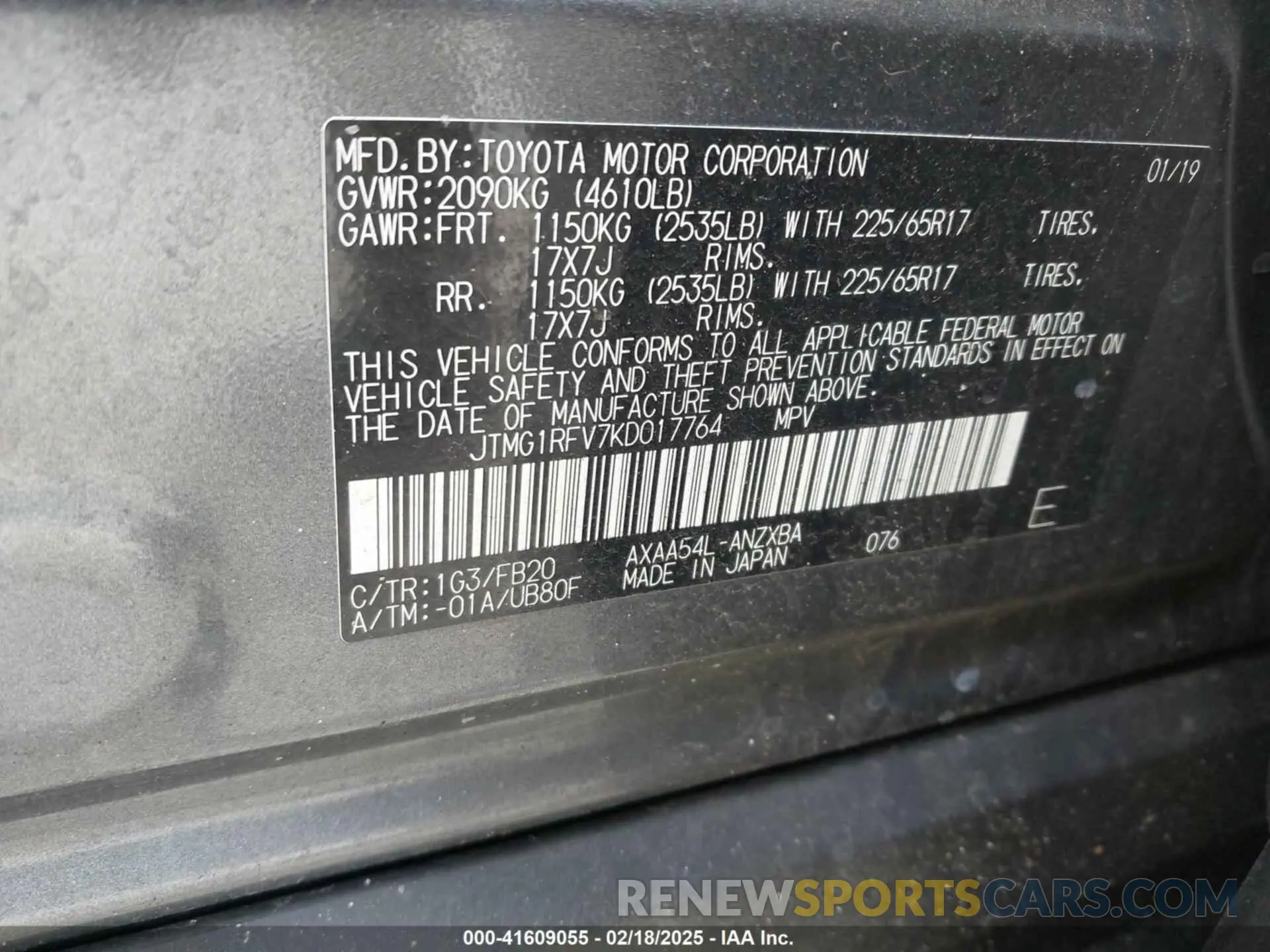9 Photograph of a damaged car JTMG1RFV7KD017764 TOYOTA RAV4 2019