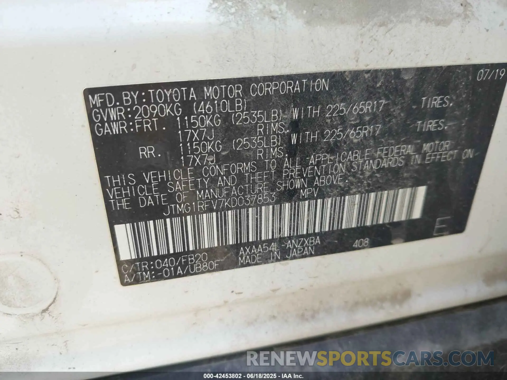 9 Photograph of a damaged car JTMG1RFV7KD037853 TOYOTA RAV4 2019