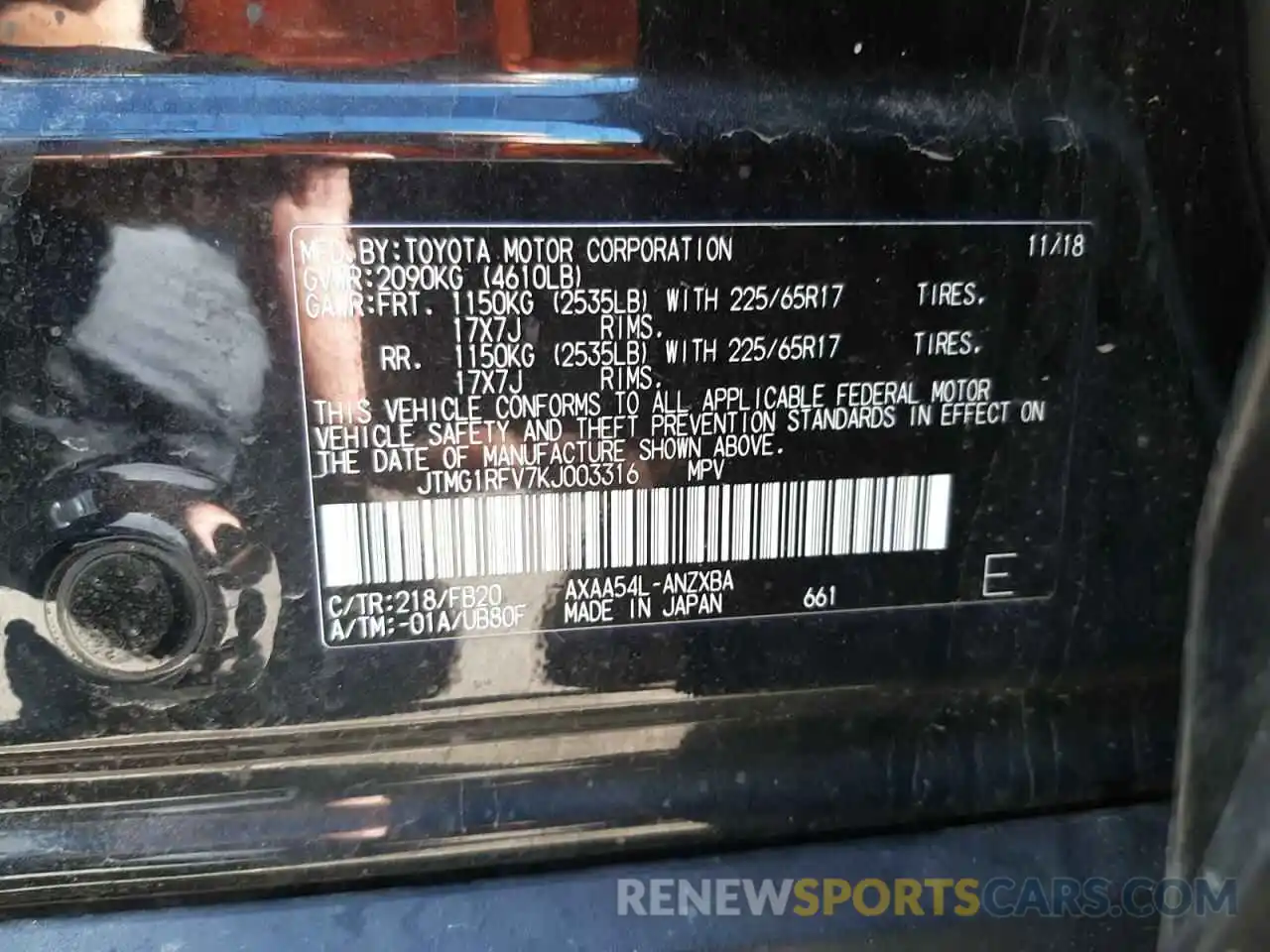 10 Photograph of a damaged car JTMG1RFV7KJ003316 TOYOTA RAV4 2019