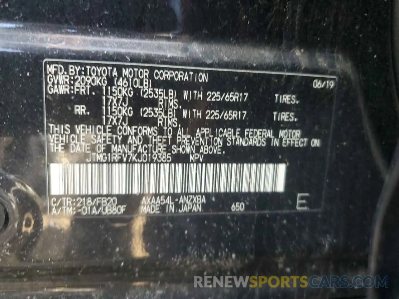 13 Photograph of a damaged car JTMG1RFV7KJ019385 TOYOTA RAV4 2019