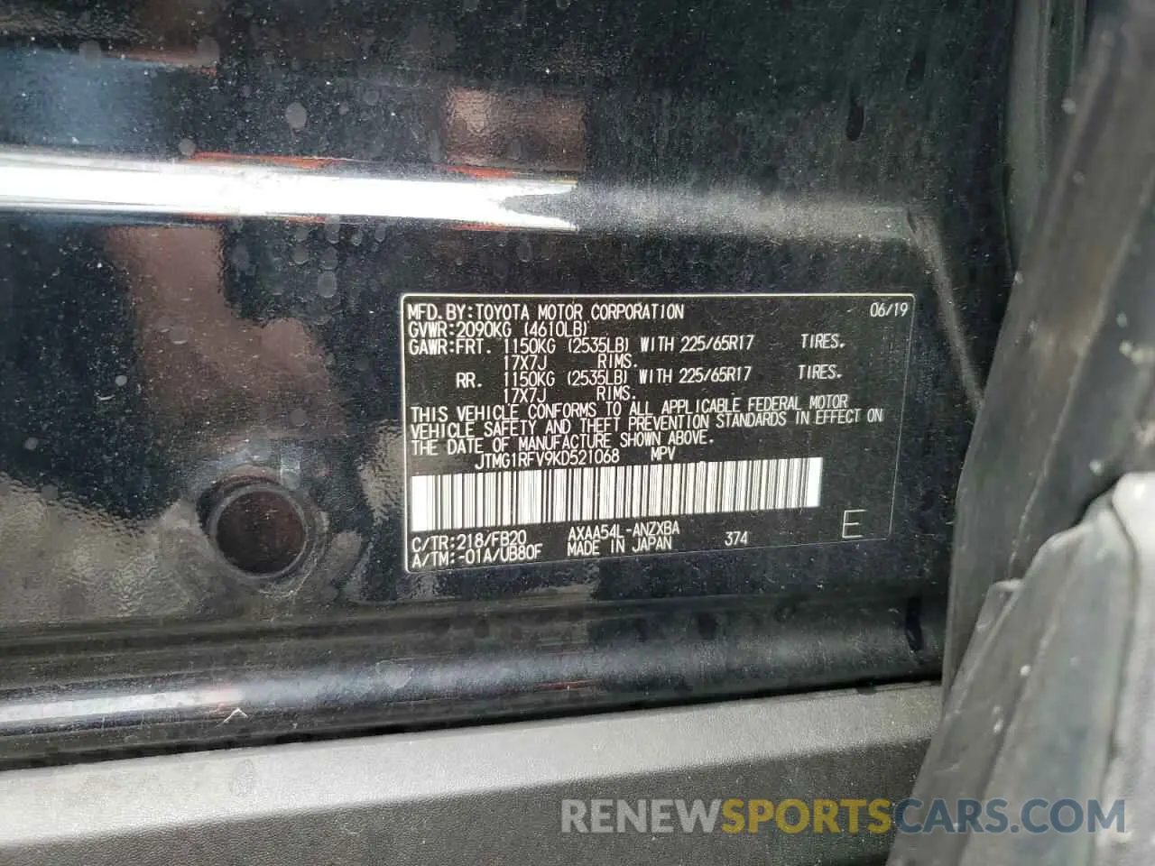 13 Photograph of a damaged car JTMG1RFV9KD521068 TOYOTA RAV4 2019