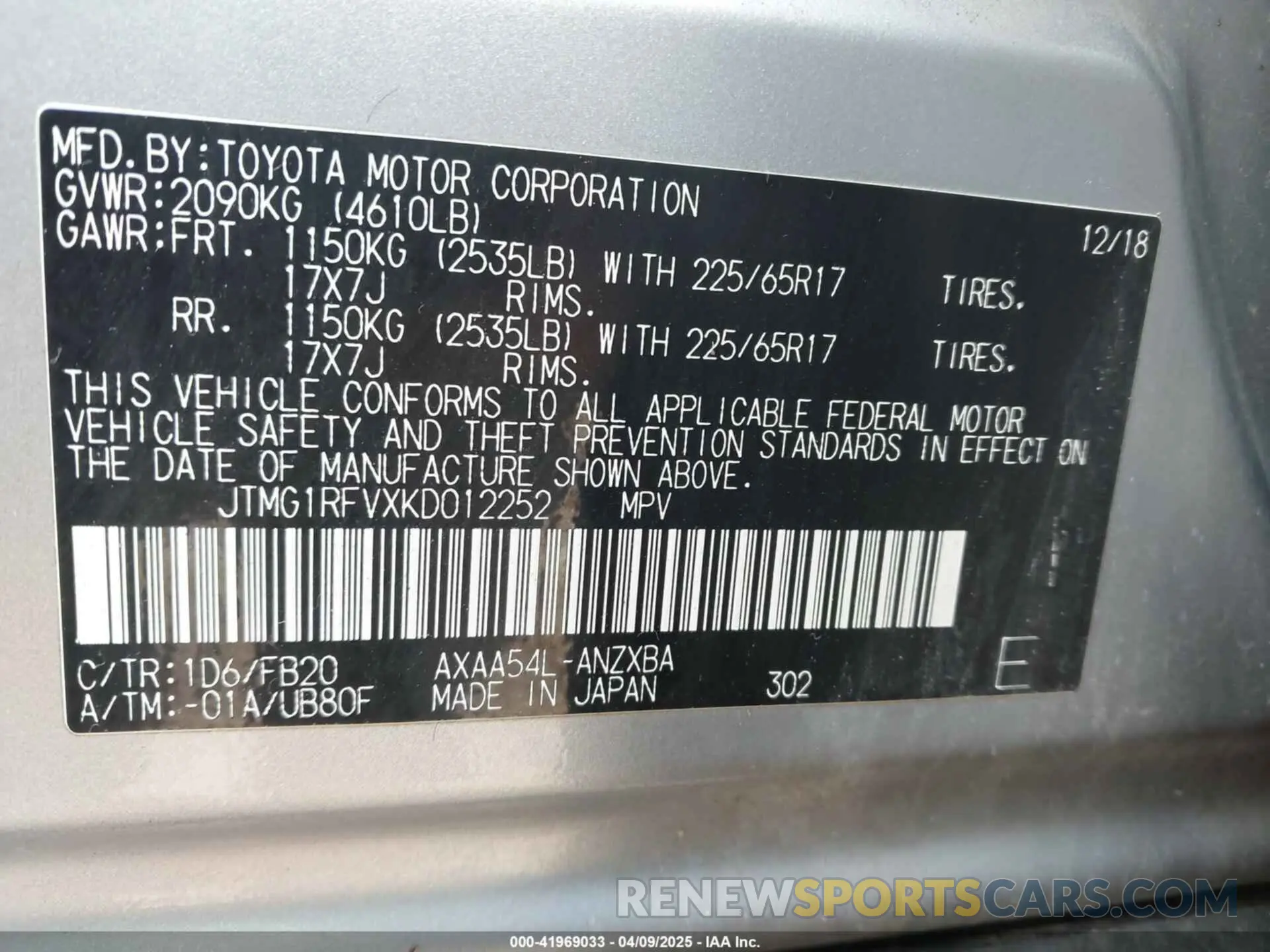 9 Photograph of a damaged car JTMG1RFVXKD012252 TOYOTA RAV4 2019