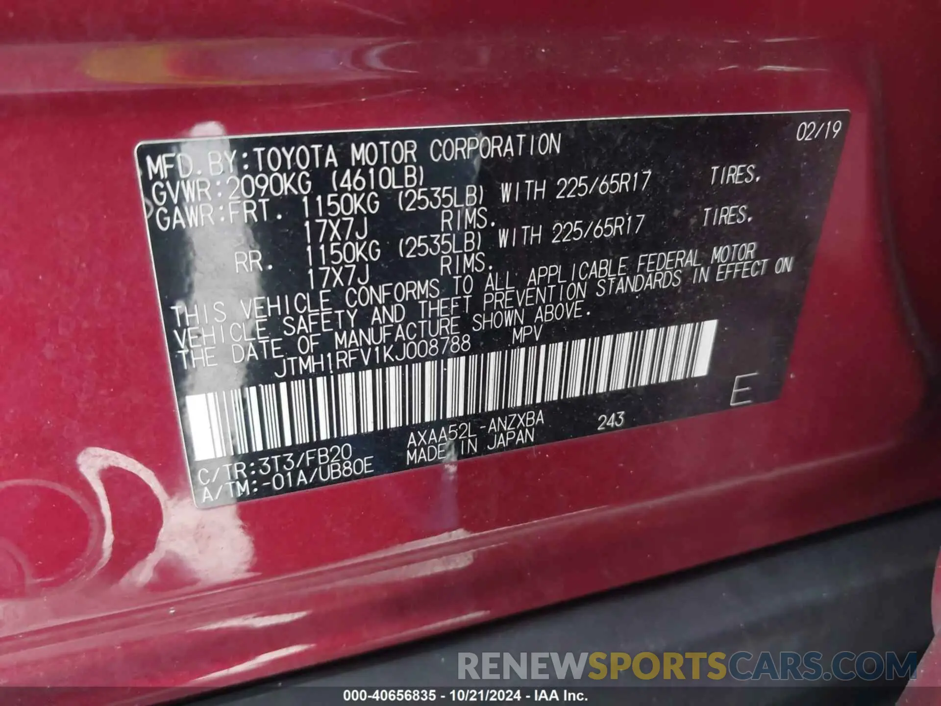9 Photograph of a damaged car JTMH1RFV1KJ008788 TOYOTA RAV4 2019