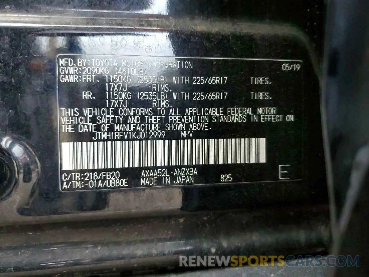 14 Photograph of a damaged car JTMH1RFV1KJ012999 TOYOTA RAV4 2019