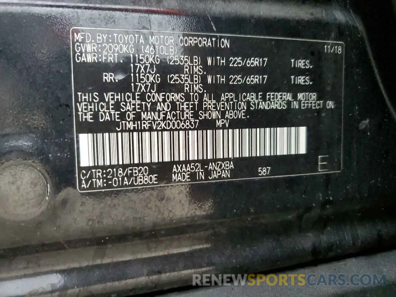12 Photograph of a damaged car JTMH1RFV2KD006837 TOYOTA RAV4 2019