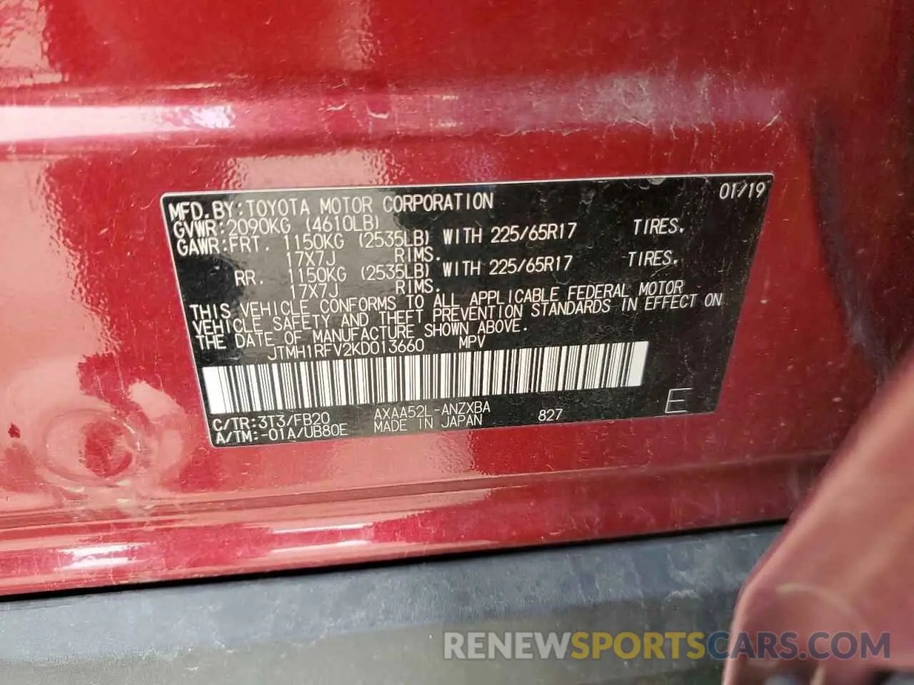 13 Photograph of a damaged car JTMH1RFV2KD013660 TOYOTA RAV4 2019
