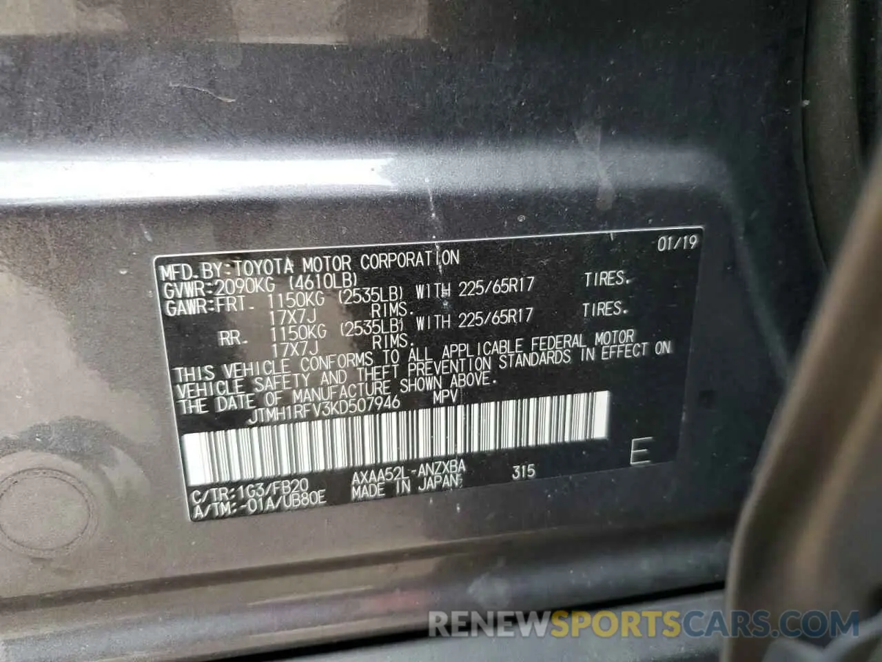 13 Photograph of a damaged car JTMH1RFV3KD507946 TOYOTA RAV4 2019