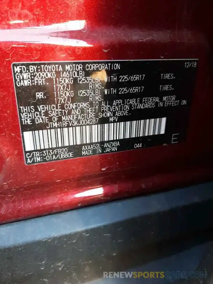 13 Photograph of a damaged car JTMH1RFV3KJ004287 TOYOTA RAV4 2019