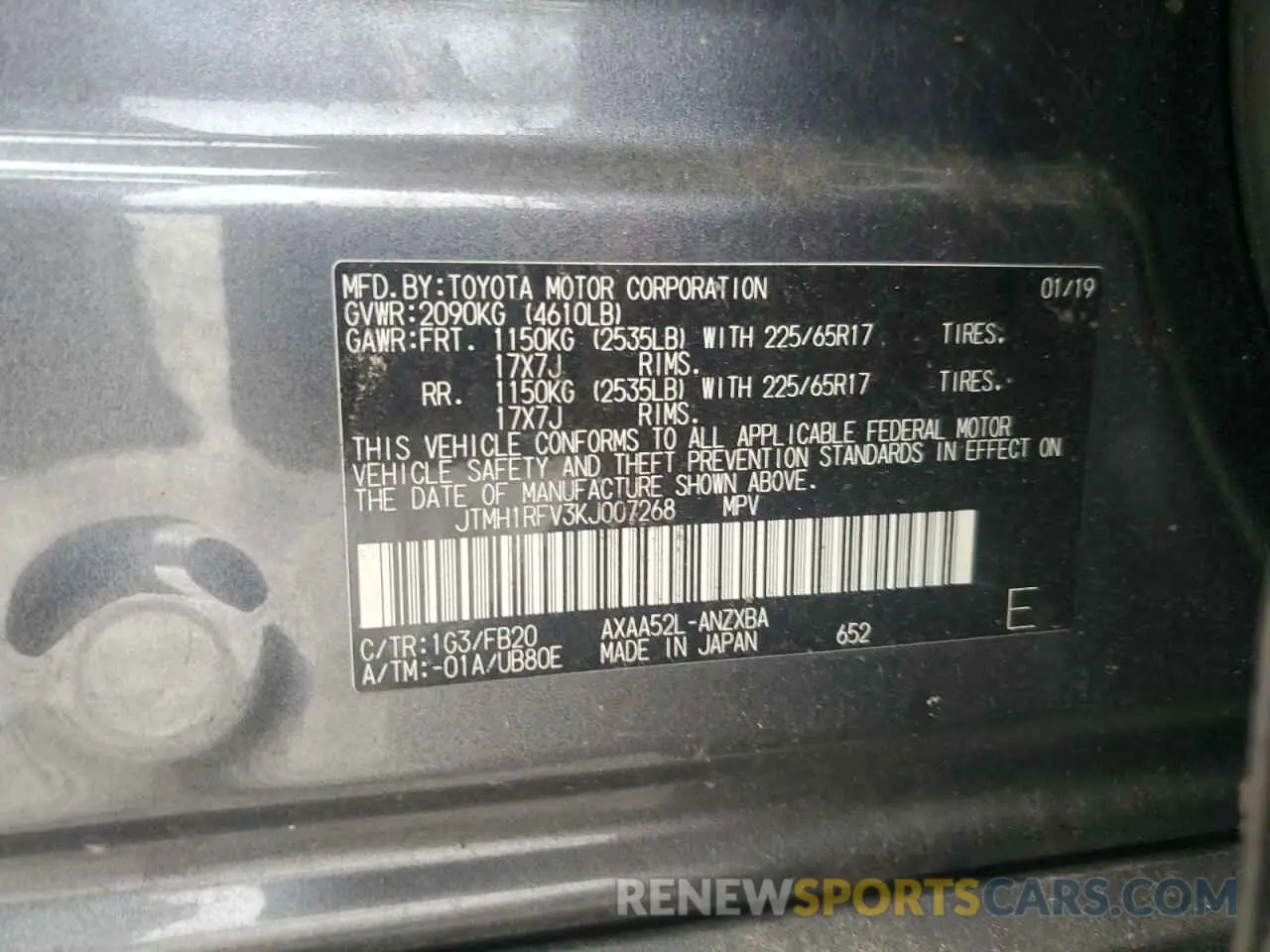 13 Photograph of a damaged car JTMH1RFV3KJ007268 TOYOTA RAV4 2019