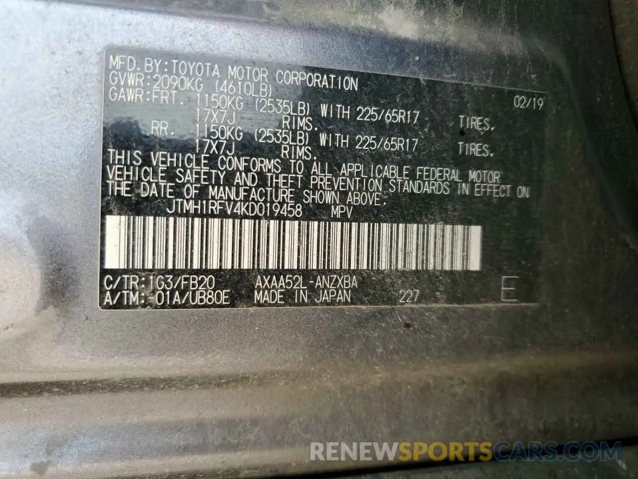13 Photograph of a damaged car JTMH1RFV4KD019458 TOYOTA RAV4 2019