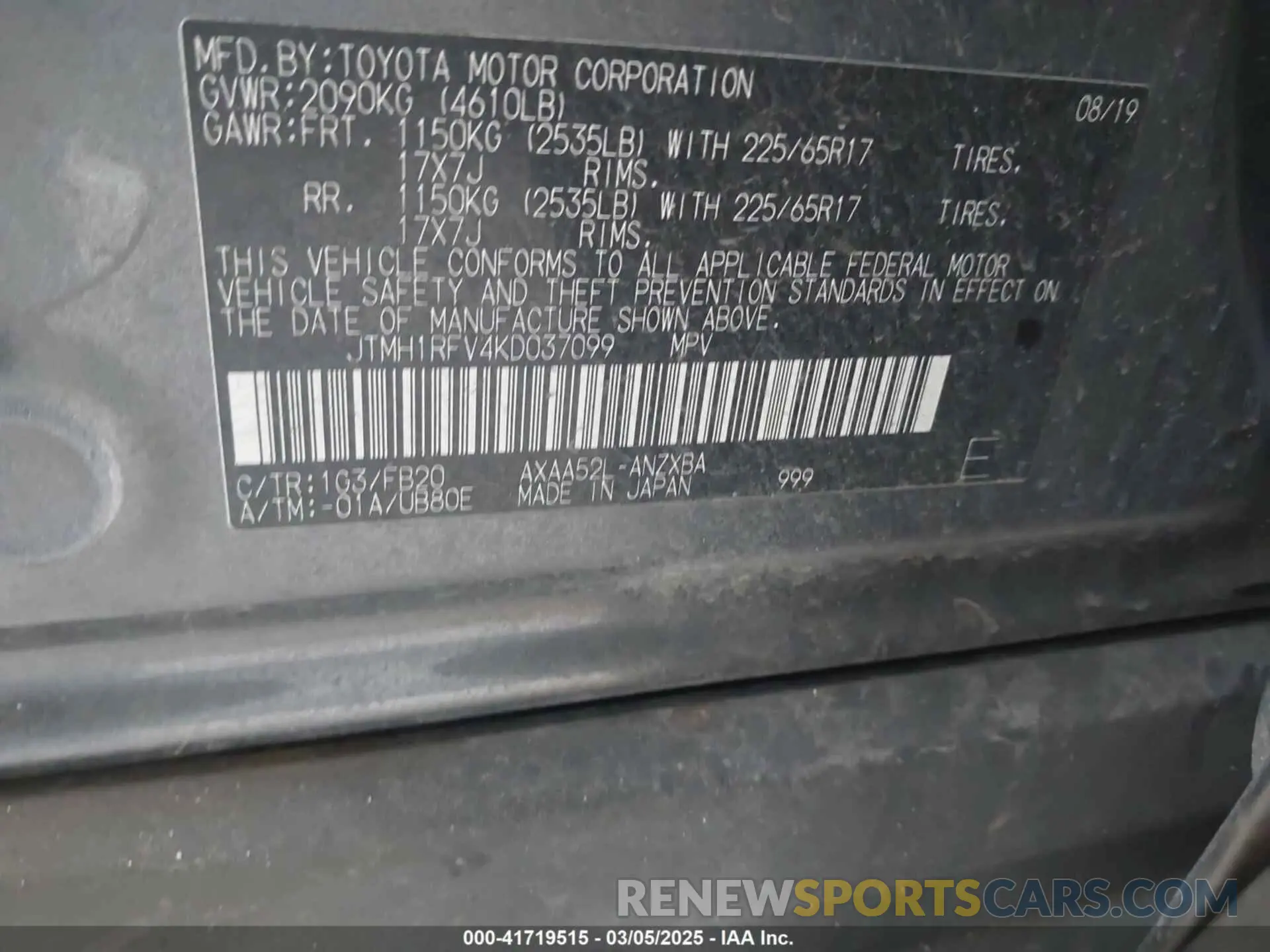9 Photograph of a damaged car JTMH1RFV4KD037099 TOYOTA RAV4 2019
