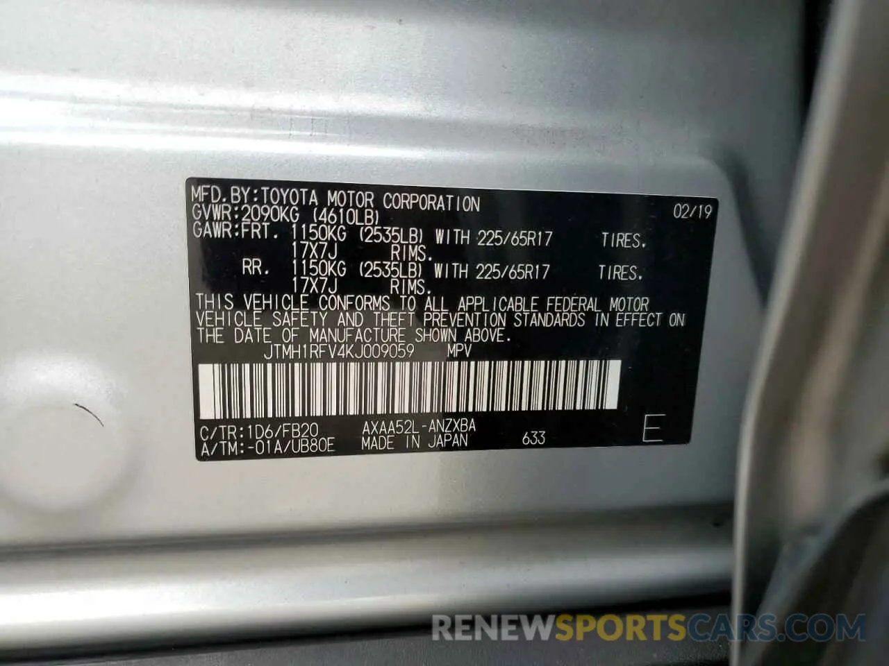 13 Photograph of a damaged car JTMH1RFV4KJ009059 TOYOTA RAV4 2019