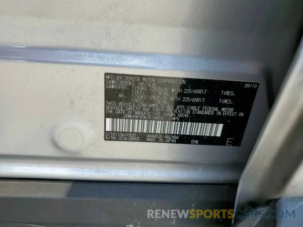 12 Photograph of a damaged car JTMH1RFV5KD516860 TOYOTA RAV4 2019