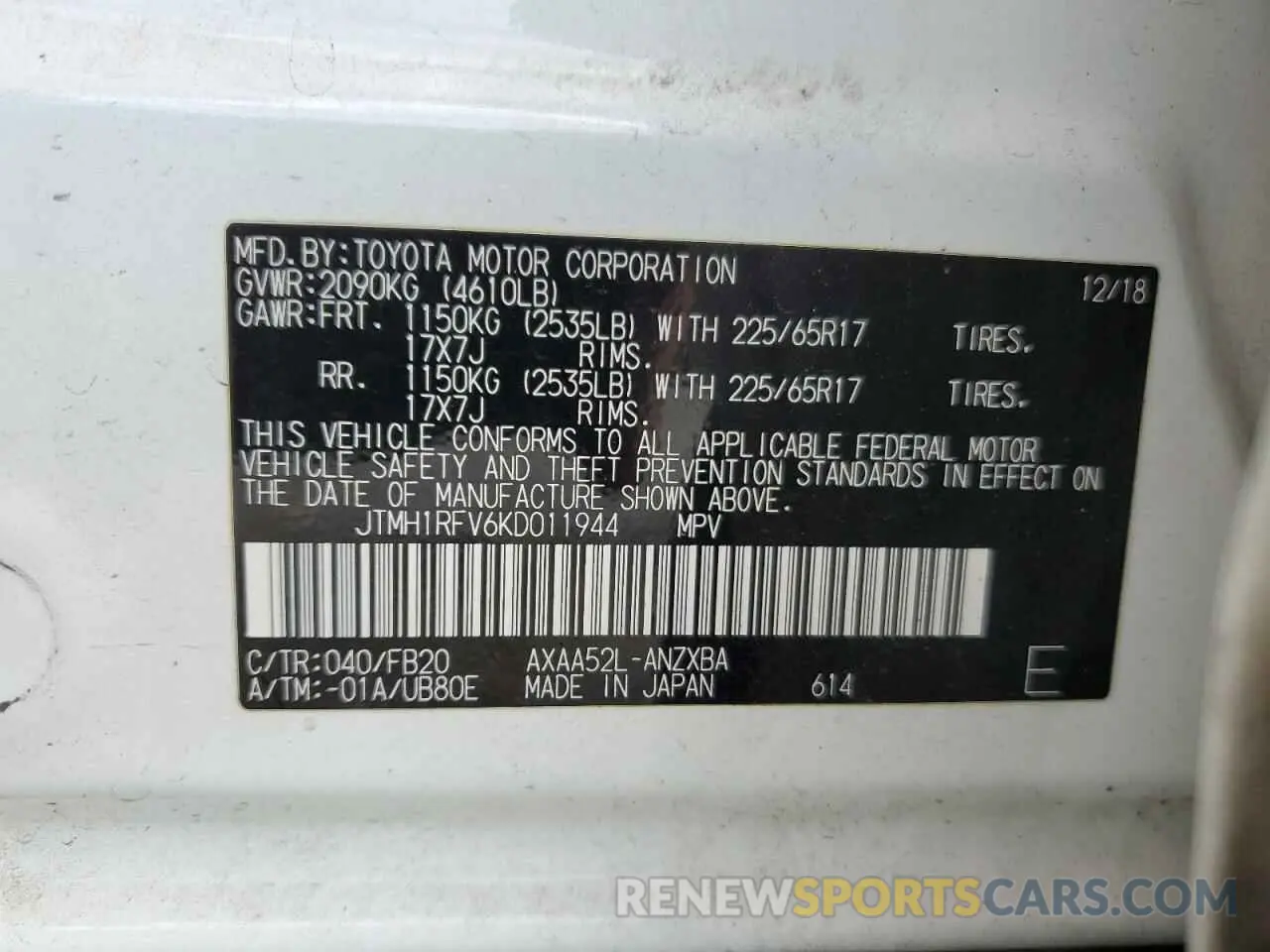 13 Photograph of a damaged car JTMH1RFV6KD011944 TOYOTA RAV4 2019