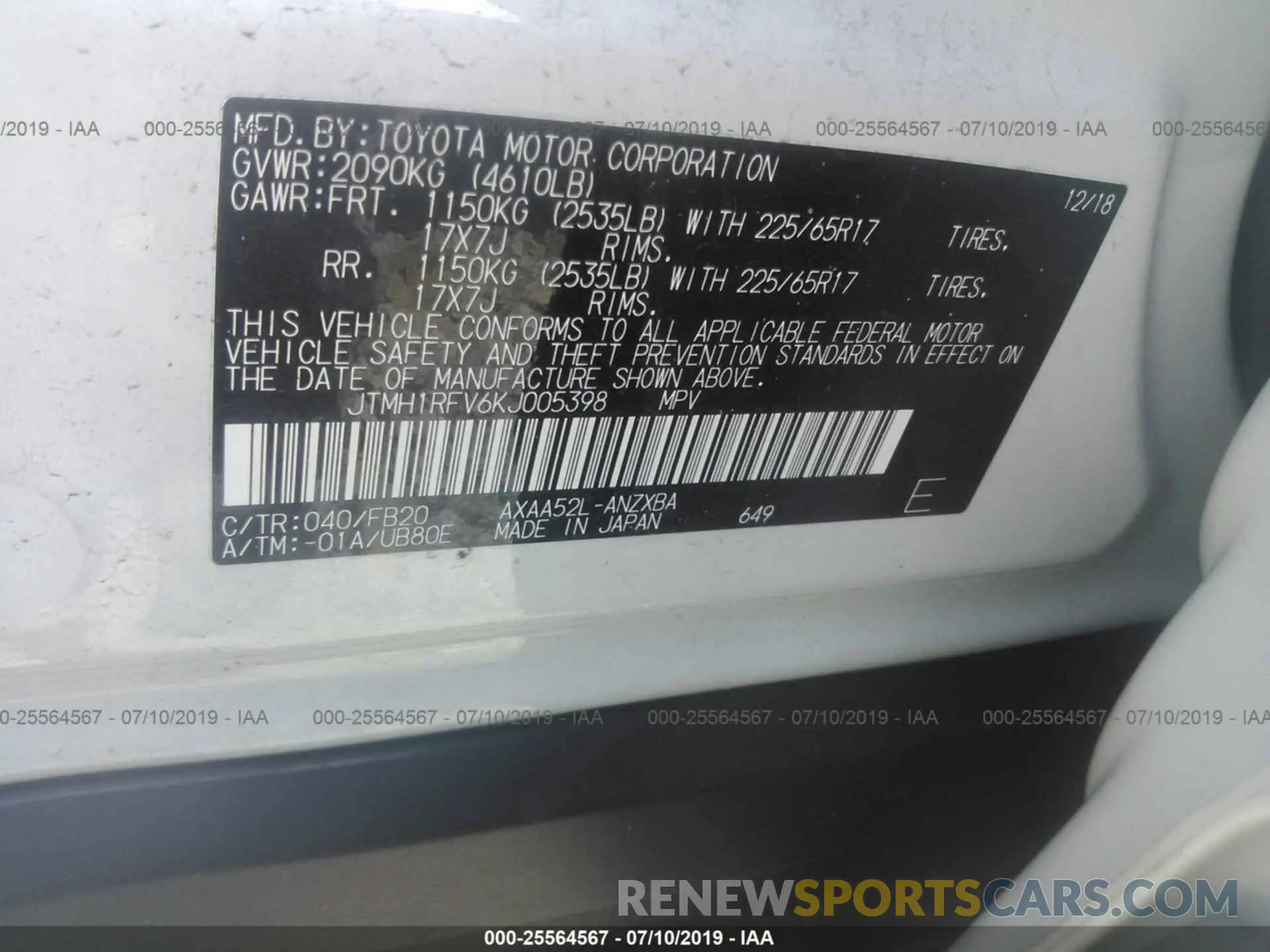 9 Photograph of a damaged car JTMH1RFV6KJ005398 TOYOTA RAV4 2019