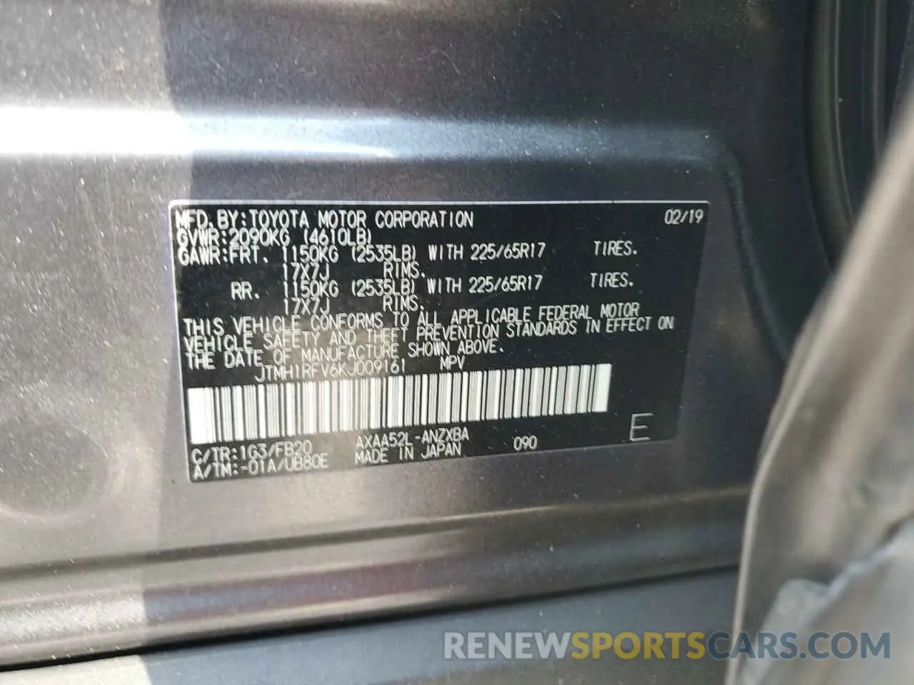 12 Photograph of a damaged car JTMH1RFV6KJ009161 TOYOTA RAV4 2019