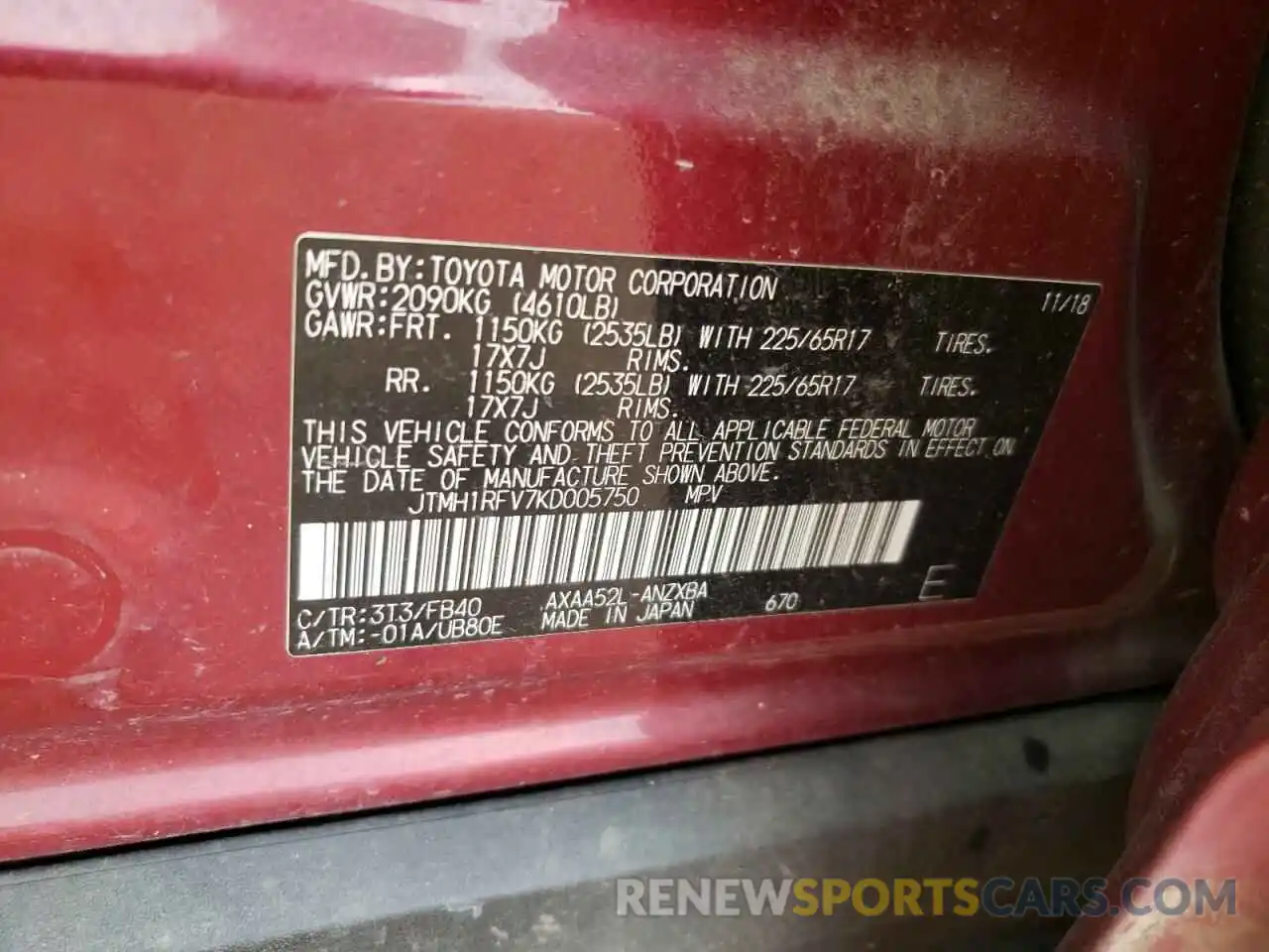 10 Photograph of a damaged car JTMH1RFV7KD005750 TOYOTA RAV4 2019