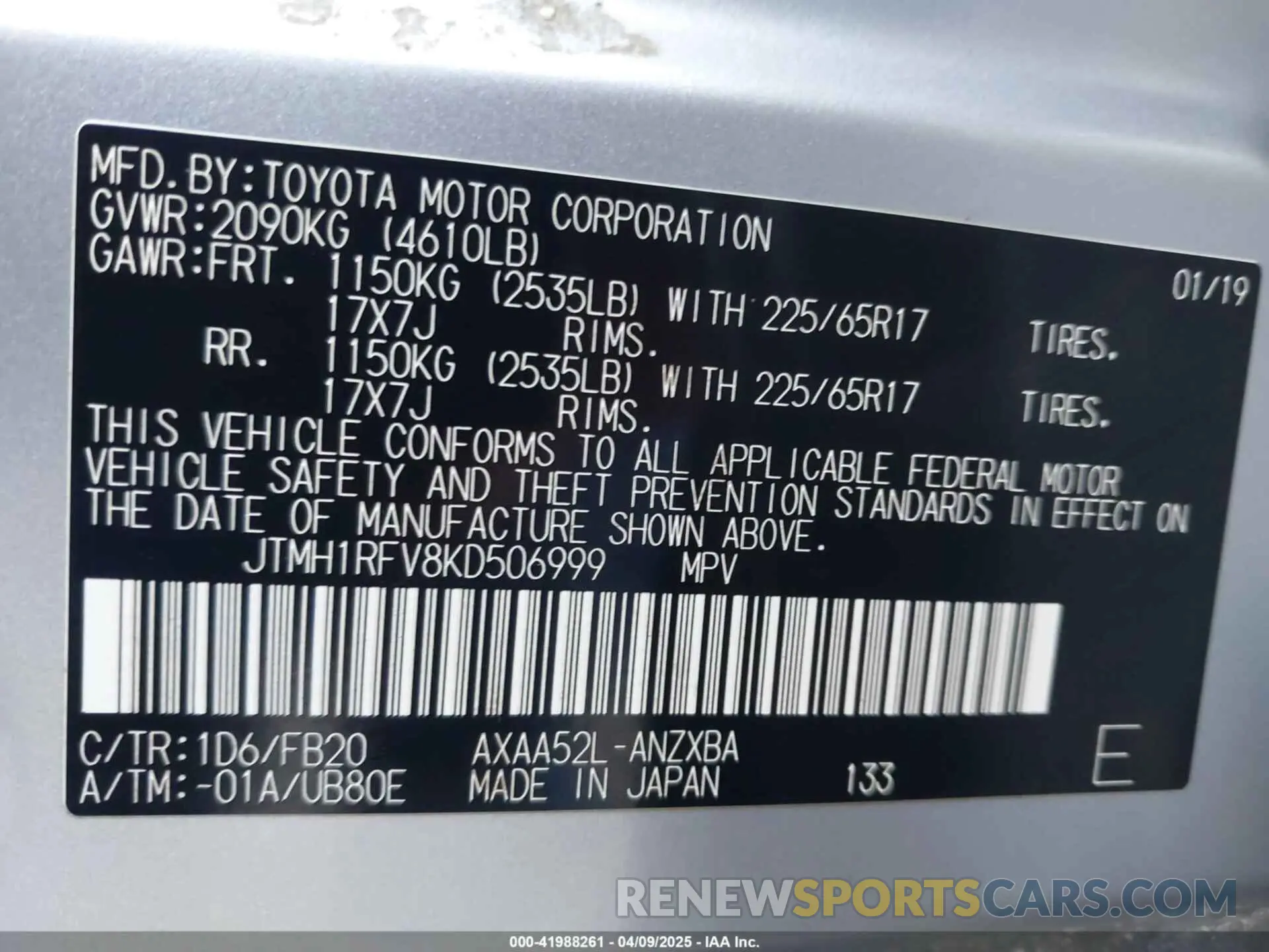 9 Photograph of a damaged car JTMH1RFV8KD506999 TOYOTA RAV4 2019