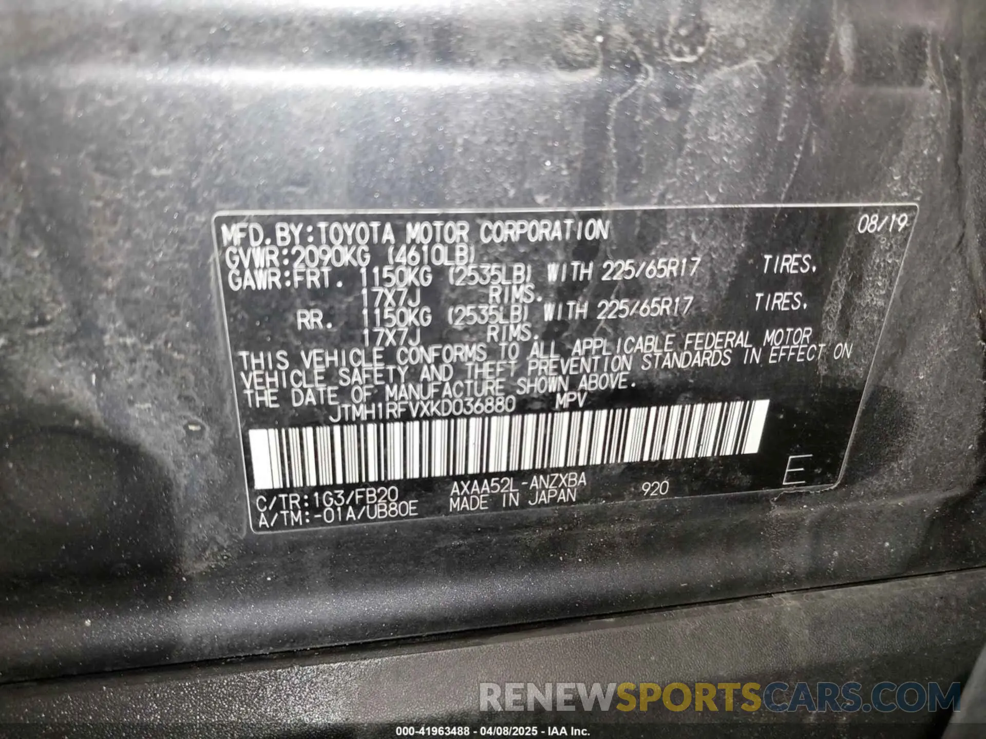 9 Photograph of a damaged car JTMH1RFVXKD036880 TOYOTA RAV4 2019