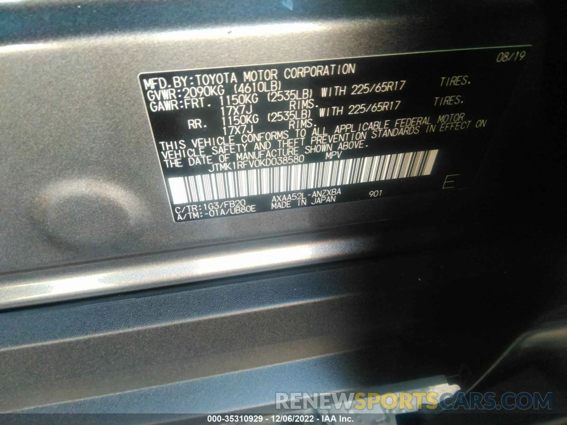 9 Photograph of a damaged car JTMK1RFV0KD038580 TOYOTA RAV4 2019