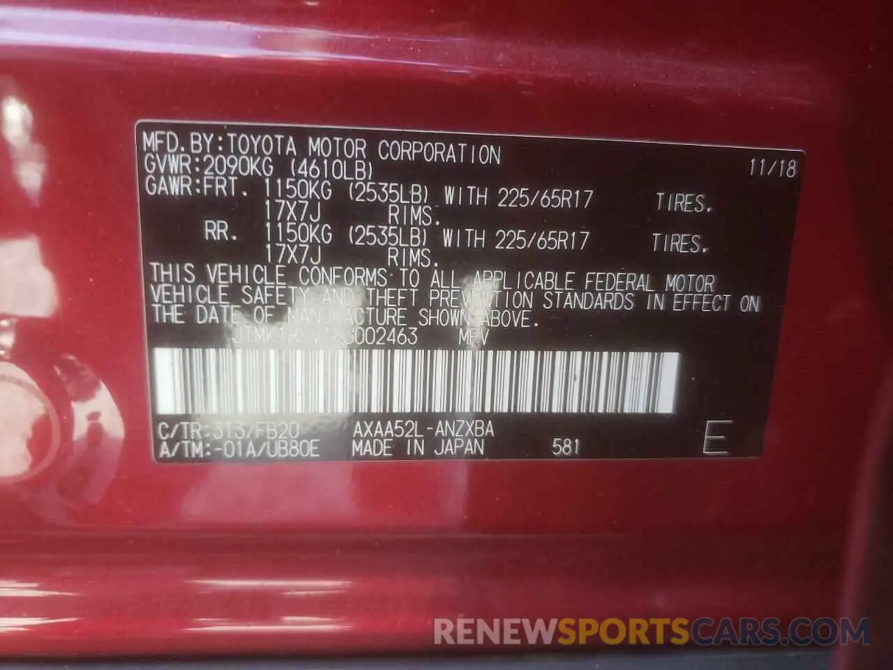 16 Photograph of a damaged car JTMK1RFV1KJ002463 TOYOTA RAV4 2019
