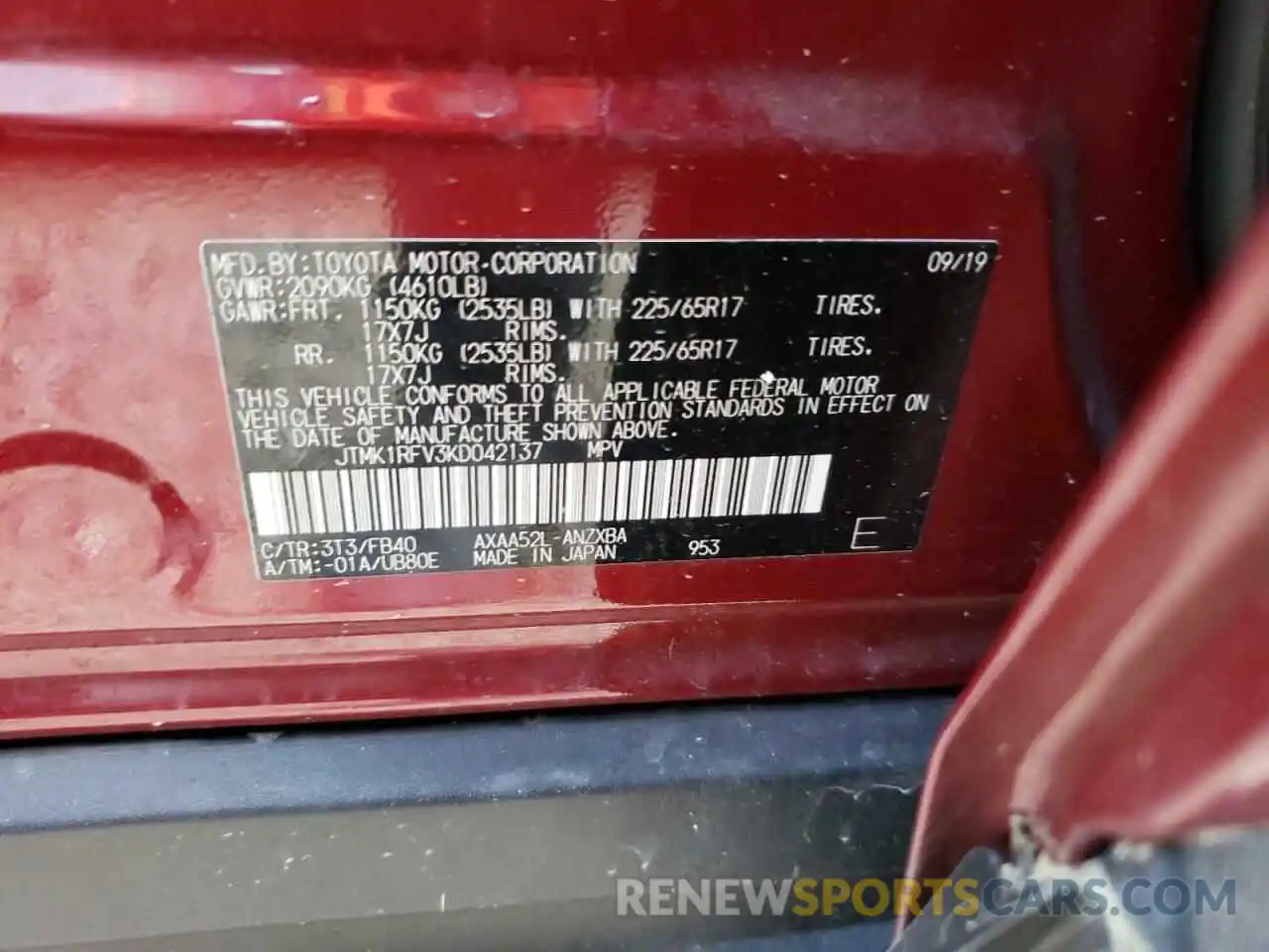 10 Photograph of a damaged car JTMK1RFV3KD042137 TOYOTA RAV4 2019