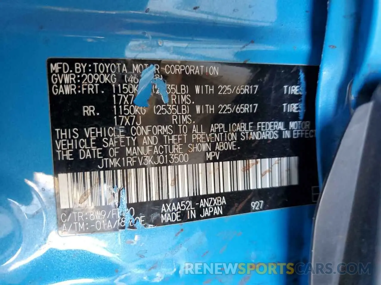 13 Photograph of a damaged car JTMK1RFV3KJ013500 TOYOTA RAV4 2019