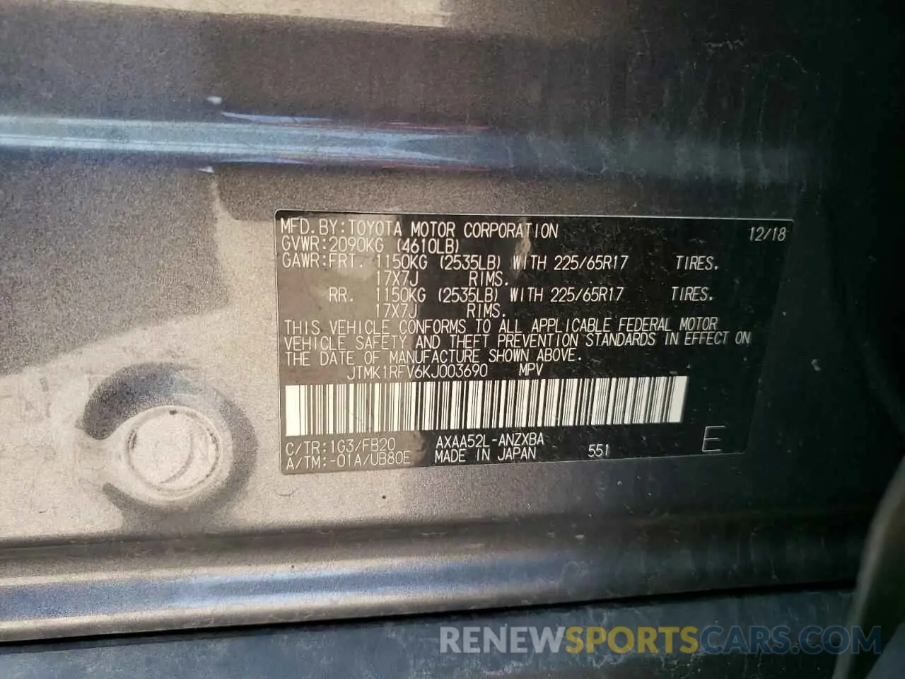13 Photograph of a damaged car JTMK1RFV6KJ003690 TOYOTA RAV4 2019
