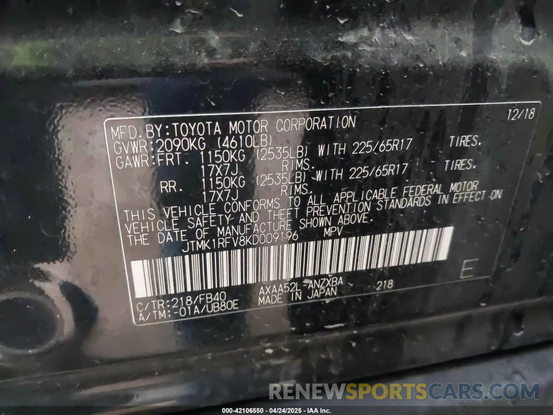 9 Photograph of a damaged car JTMK1RFV8KD009196 TOYOTA RAV4 2019