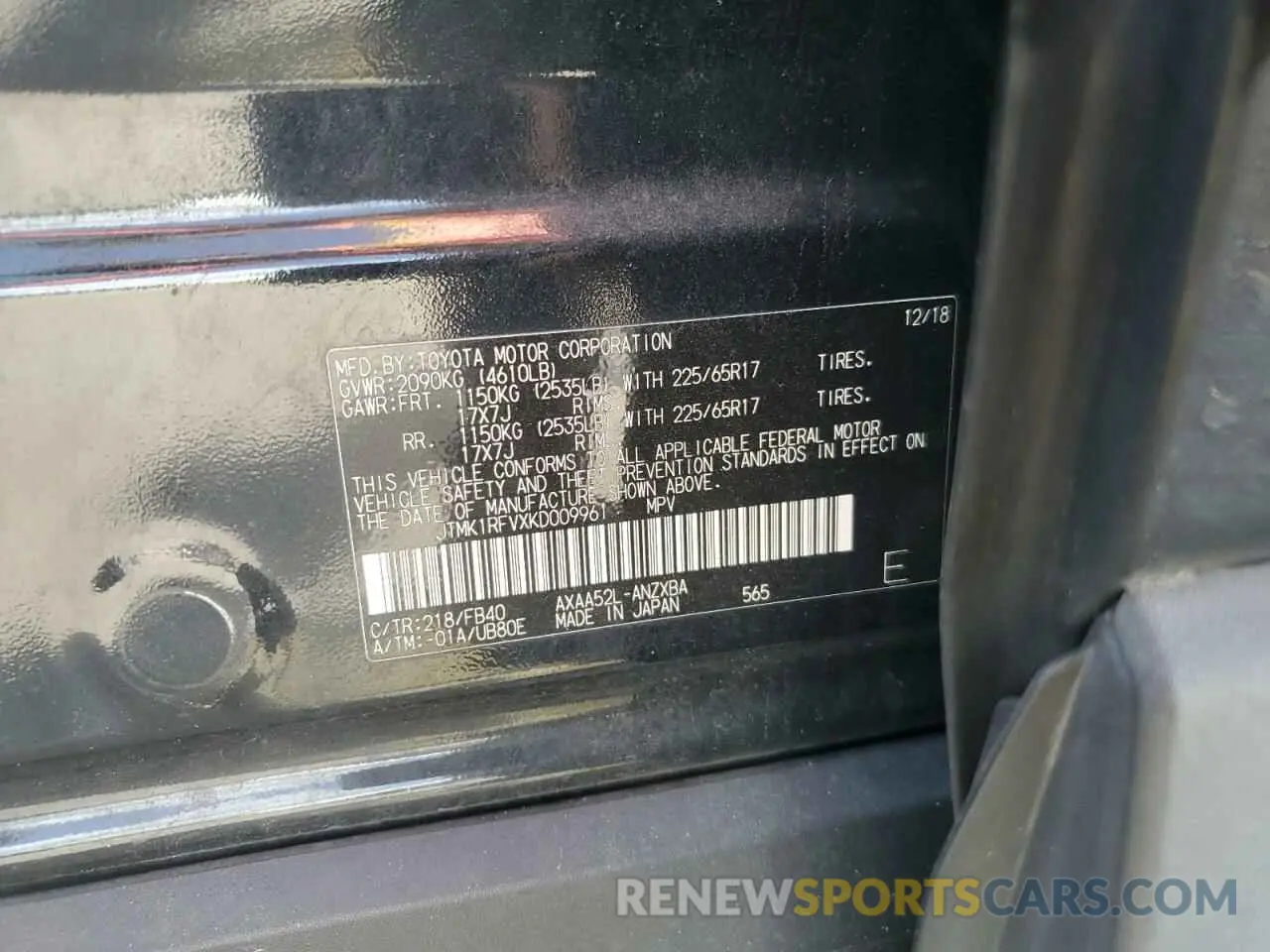 13 Photograph of a damaged car JTMK1RFVXKD009961 TOYOTA RAV4 2019