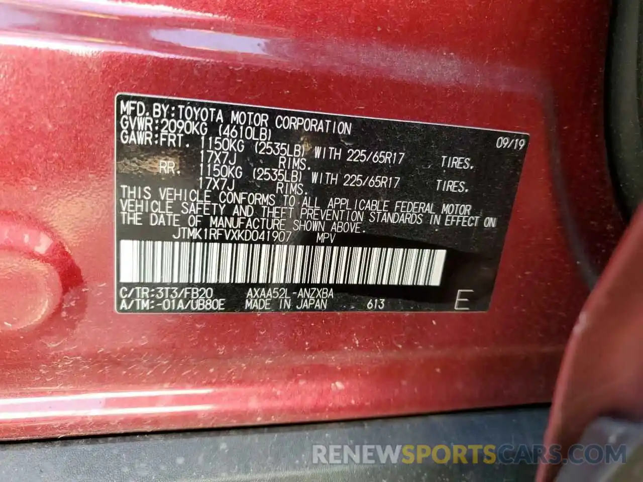 13 Photograph of a damaged car JTMK1RFVXKD041907 TOYOTA RAV4 2019