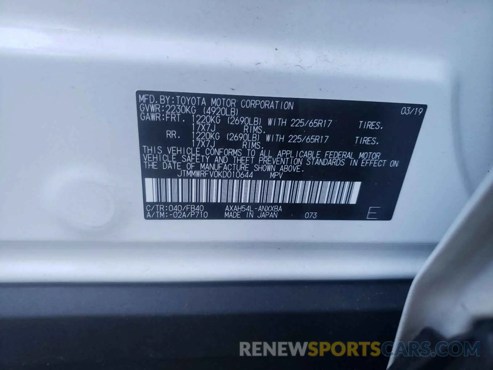 10 Photograph of a damaged car JTMMWRFV0KD010644 TOYOTA RAV4 2019