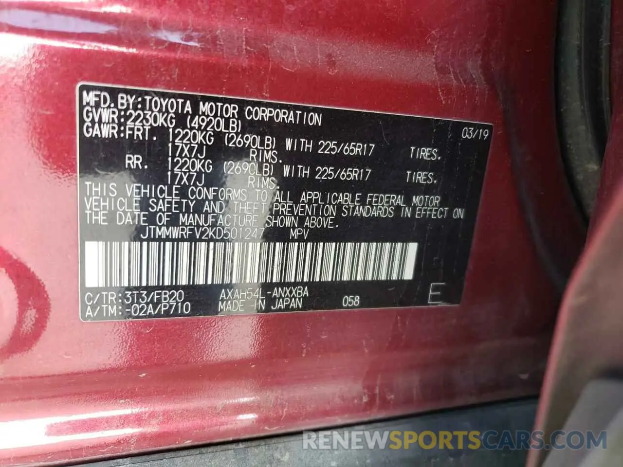 12 Photograph of a damaged car JTMMWRFV2KD501247 TOYOTA RAV4 2019