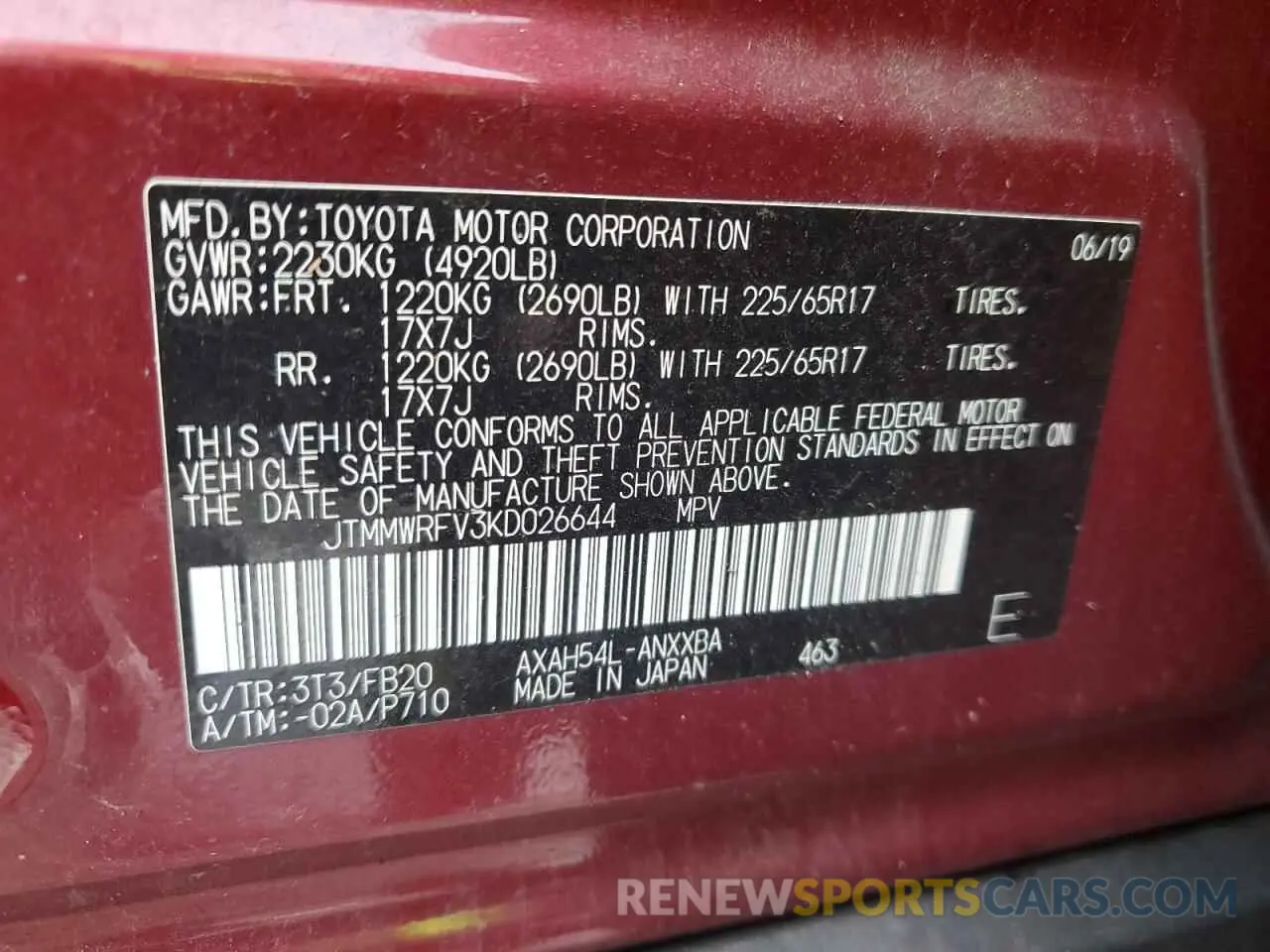 14 Photograph of a damaged car JTMMWRFV3KD026644 TOYOTA RAV4 2019