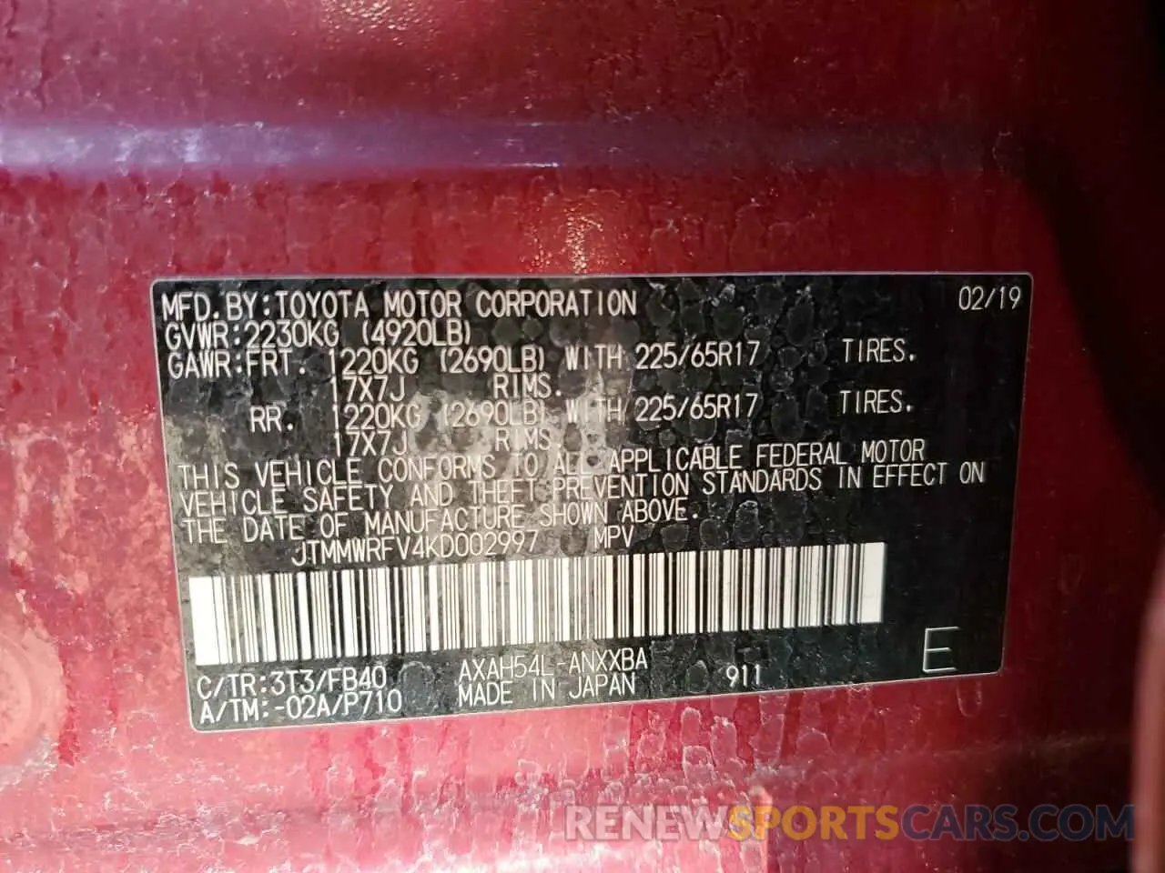 13 Photograph of a damaged car JTMMWRFV4KD002997 TOYOTA RAV4 2019
