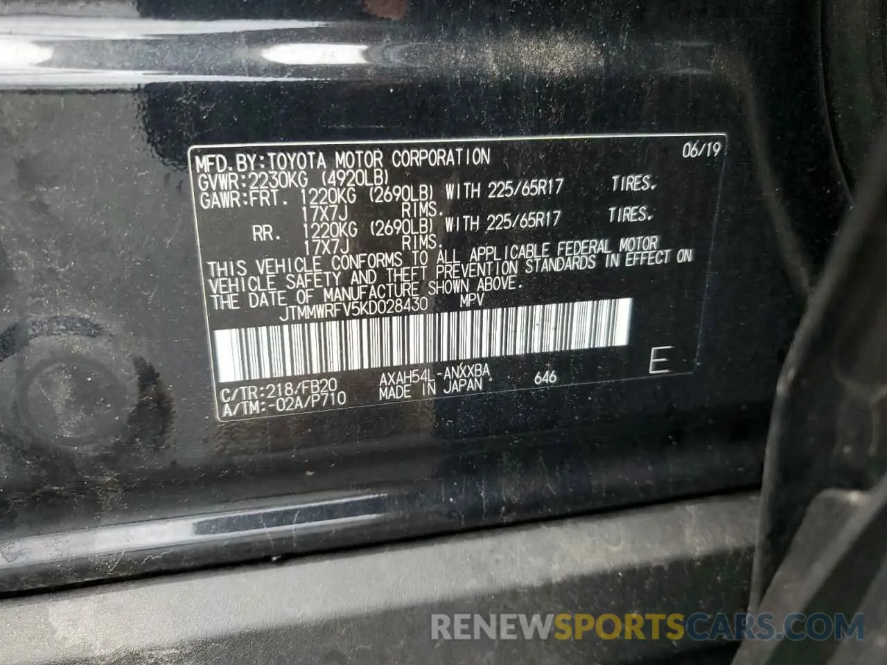 13 Photograph of a damaged car JTMMWRFV5KD028430 TOYOTA RAV4 2019