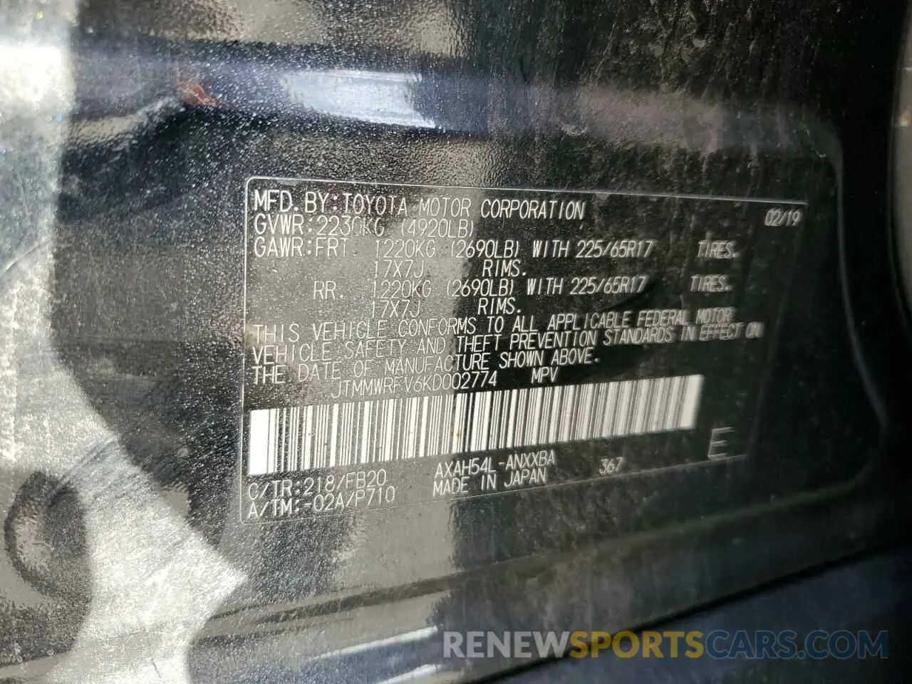 13 Photograph of a damaged car JTMMWRFV6KD002774 TOYOTA RAV4 2019