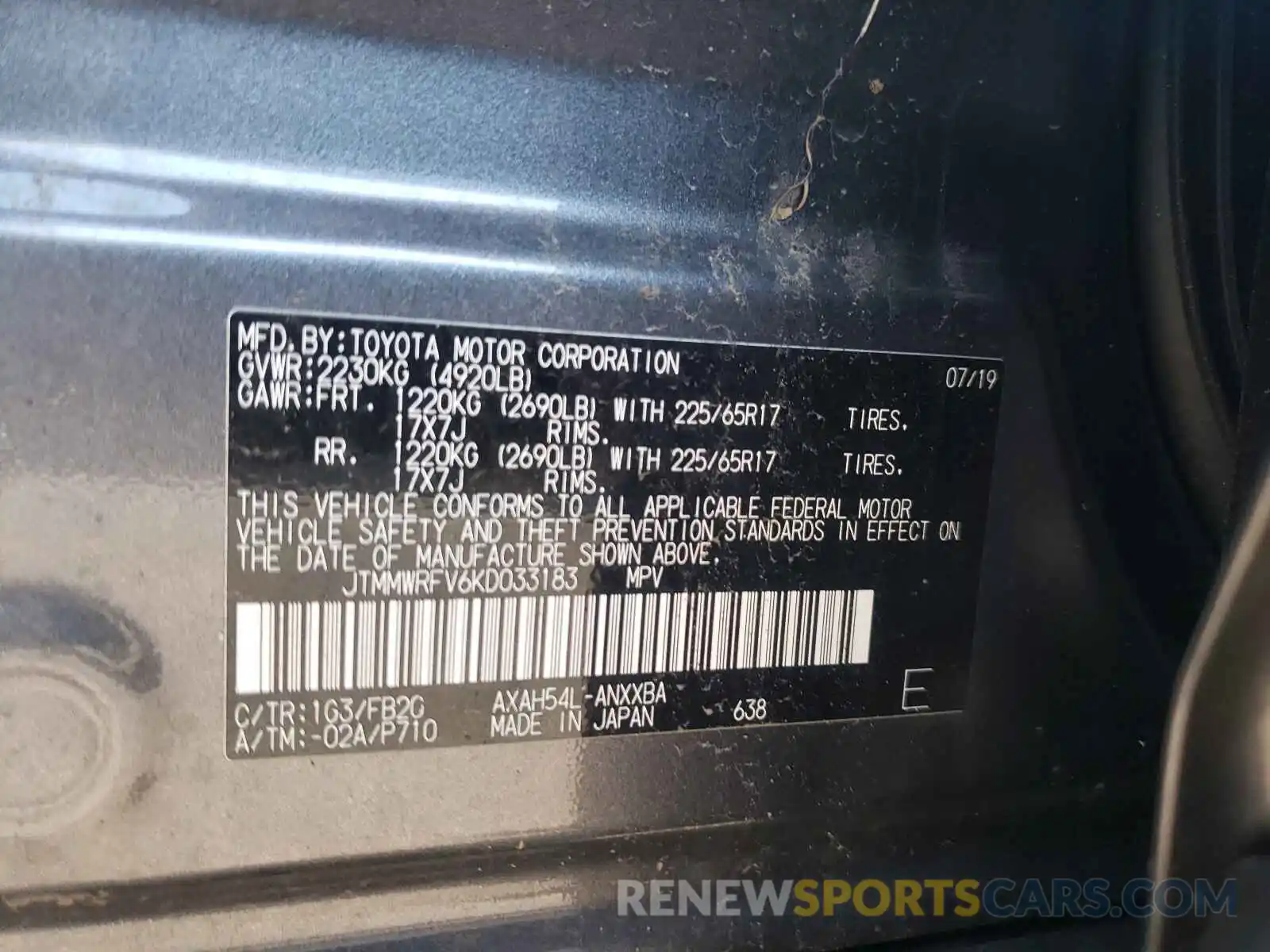 10 Photograph of a damaged car JTMMWRFV6KD033183 TOYOTA RAV4 2019