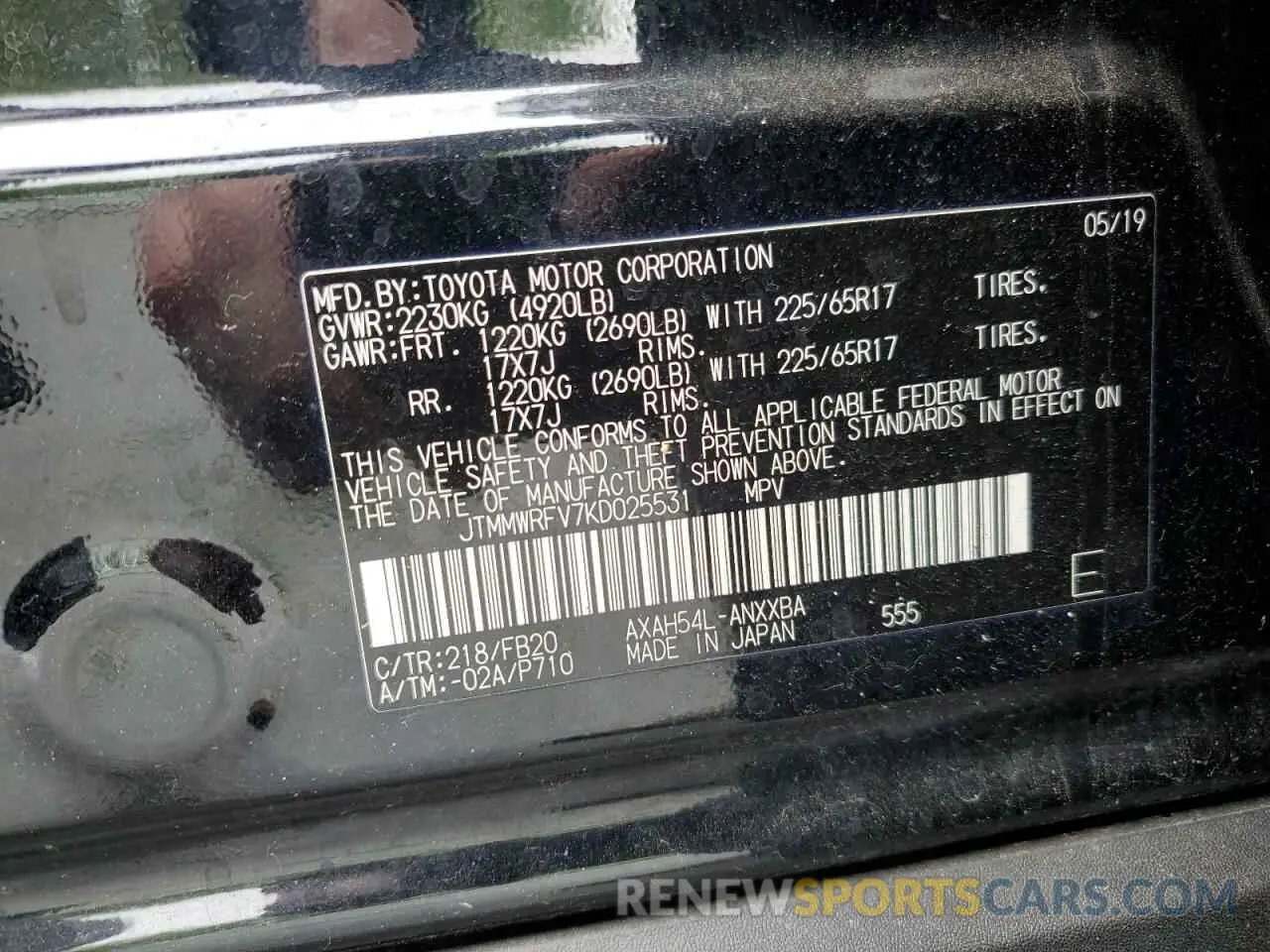 14 Photograph of a damaged car JTMMWRFV7KD025531 TOYOTA RAV4 2019